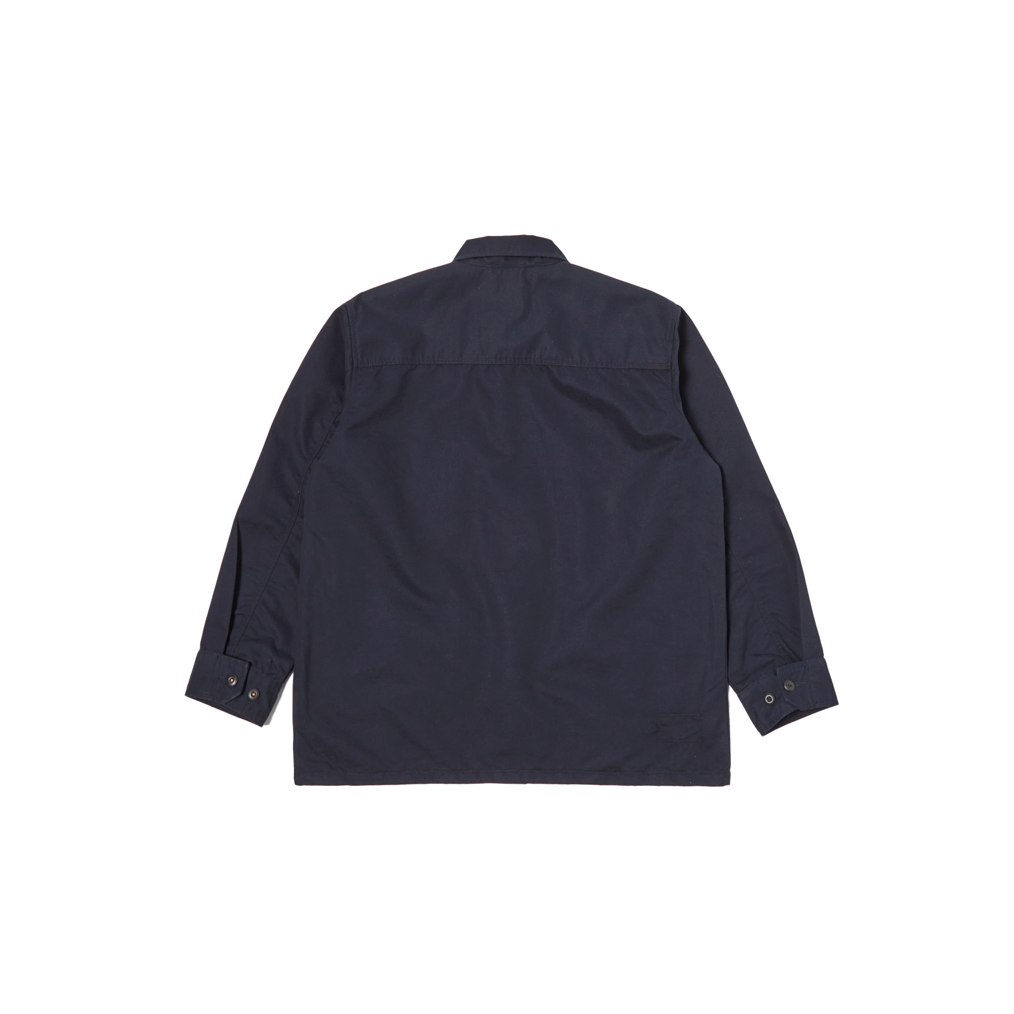 Back view of an iconic design—a Jungle Jacket in dark blue with long sleeves and buttoned cuffs—crafted from recycled polyester by Universal Works, laid flat on a white background.