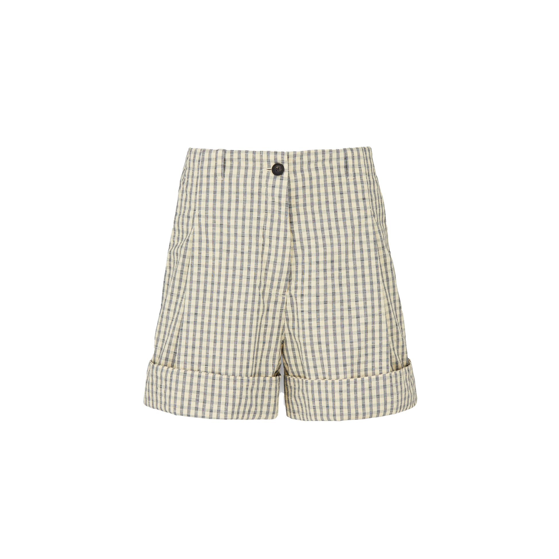 The Lee Shorts Check by Aiayu features cuffed hems, a black button, and a distinctive pattern of dark and light squares. Made from organic Chetna cotton, they combine style with sustainability and are GOTS certified.