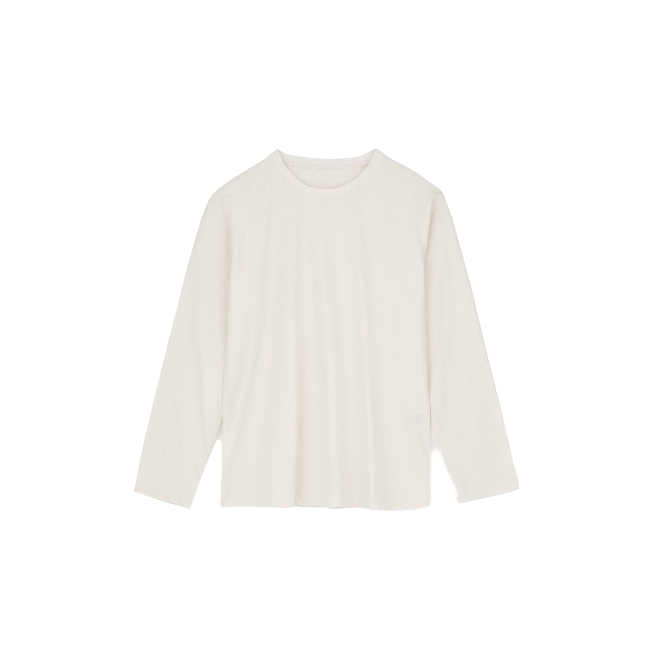 The Aiayu LS Cotton Tee is a white crew neck long-sleeve shirt made from organic cotton, shown on a black background.