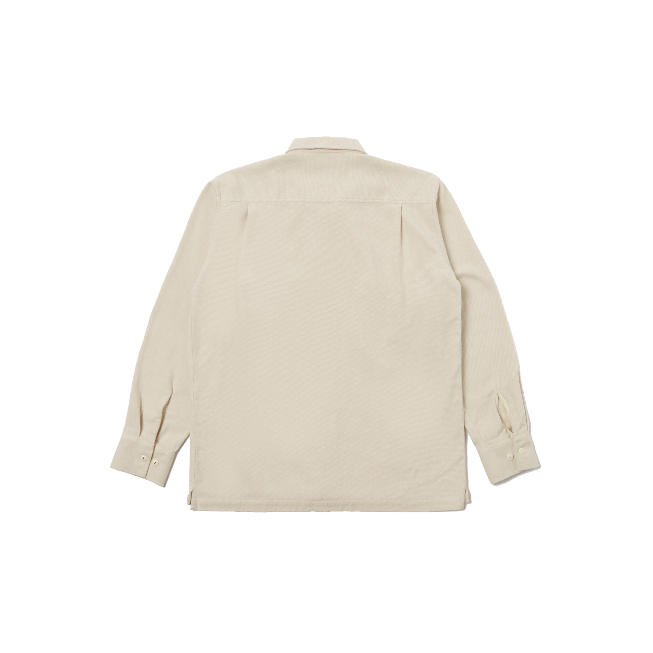 Universal Works' LS Utility Shirt in beige features long sleeves, a collar, and button flap chest pockets, with a view from the back showcasing its design.
