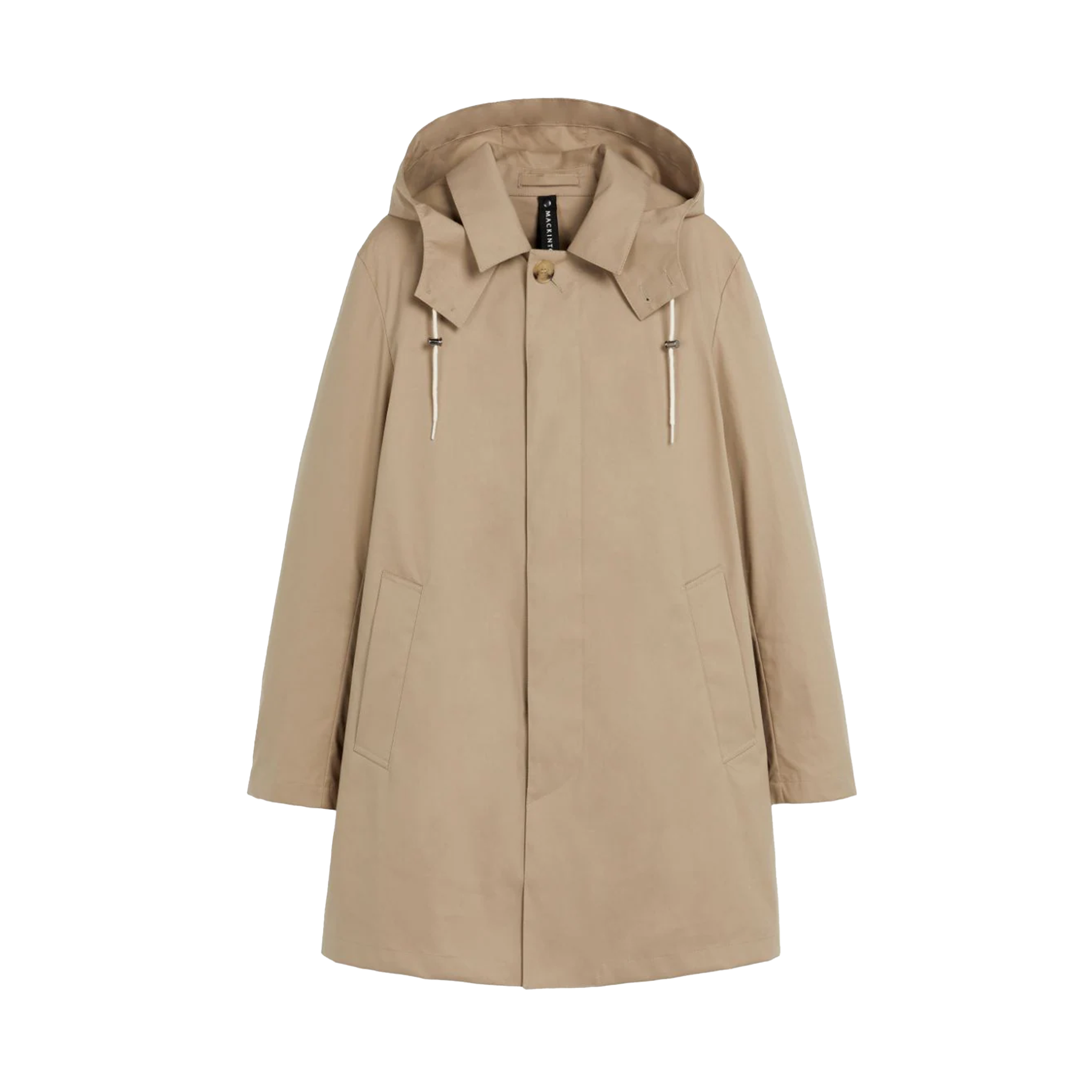 The M Cambridge Hood by Mackintosh is a beige, hooded raincoat made from RAINTEC cotton with drawstrings and front pockets, showcased against a white background.