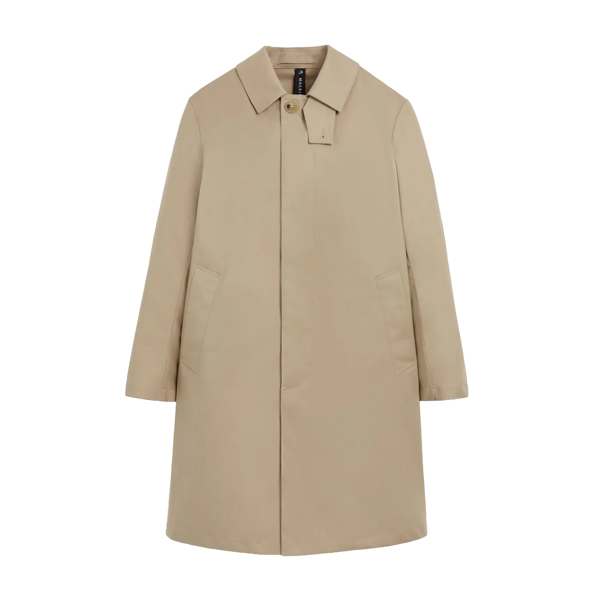 The M Manchester trench coat by Mackintosh, in beige, features a collar, button closure, and two front pockets, expertly demonstrating windproof outerwear against a plain white background.