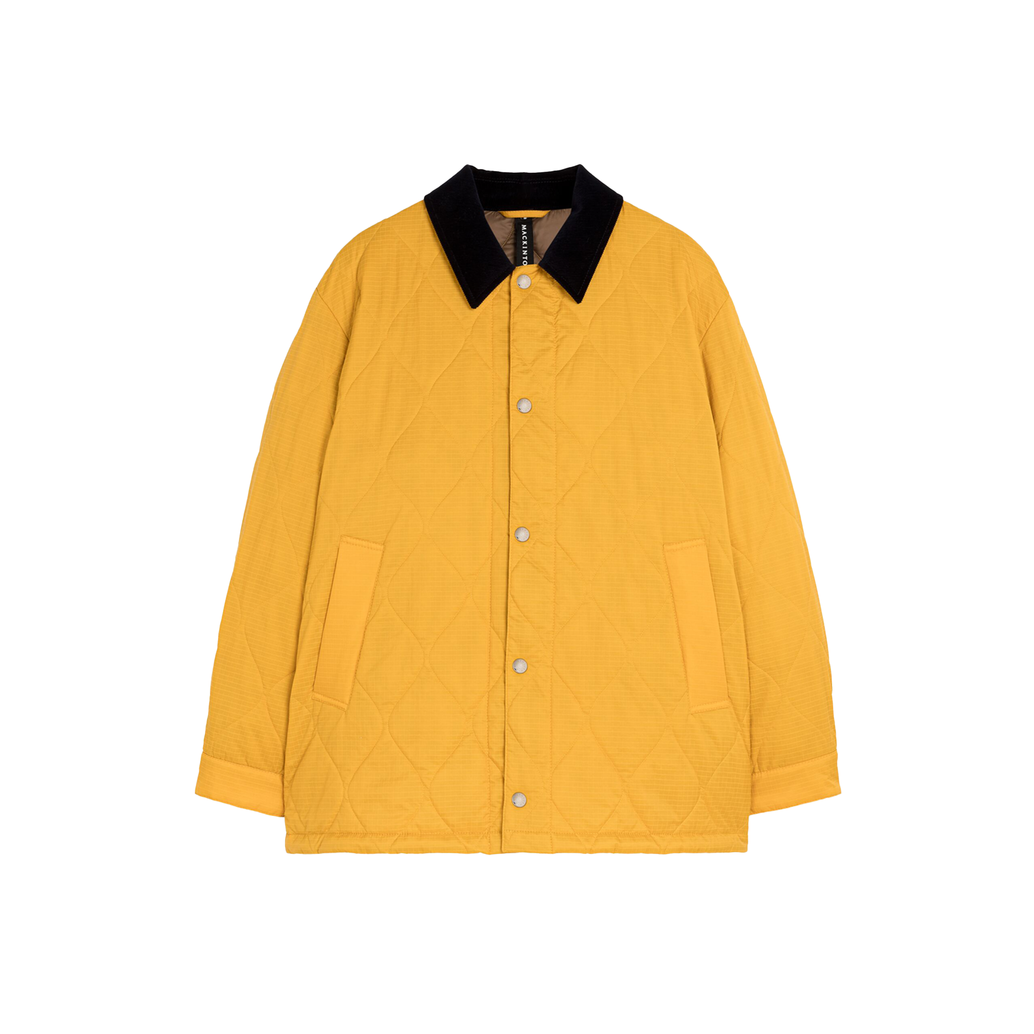 The Mackintosh M Quilted Teeming is a yellow, water-repellent quilted jacket with a black collar, snap button closure, and two front pockets.