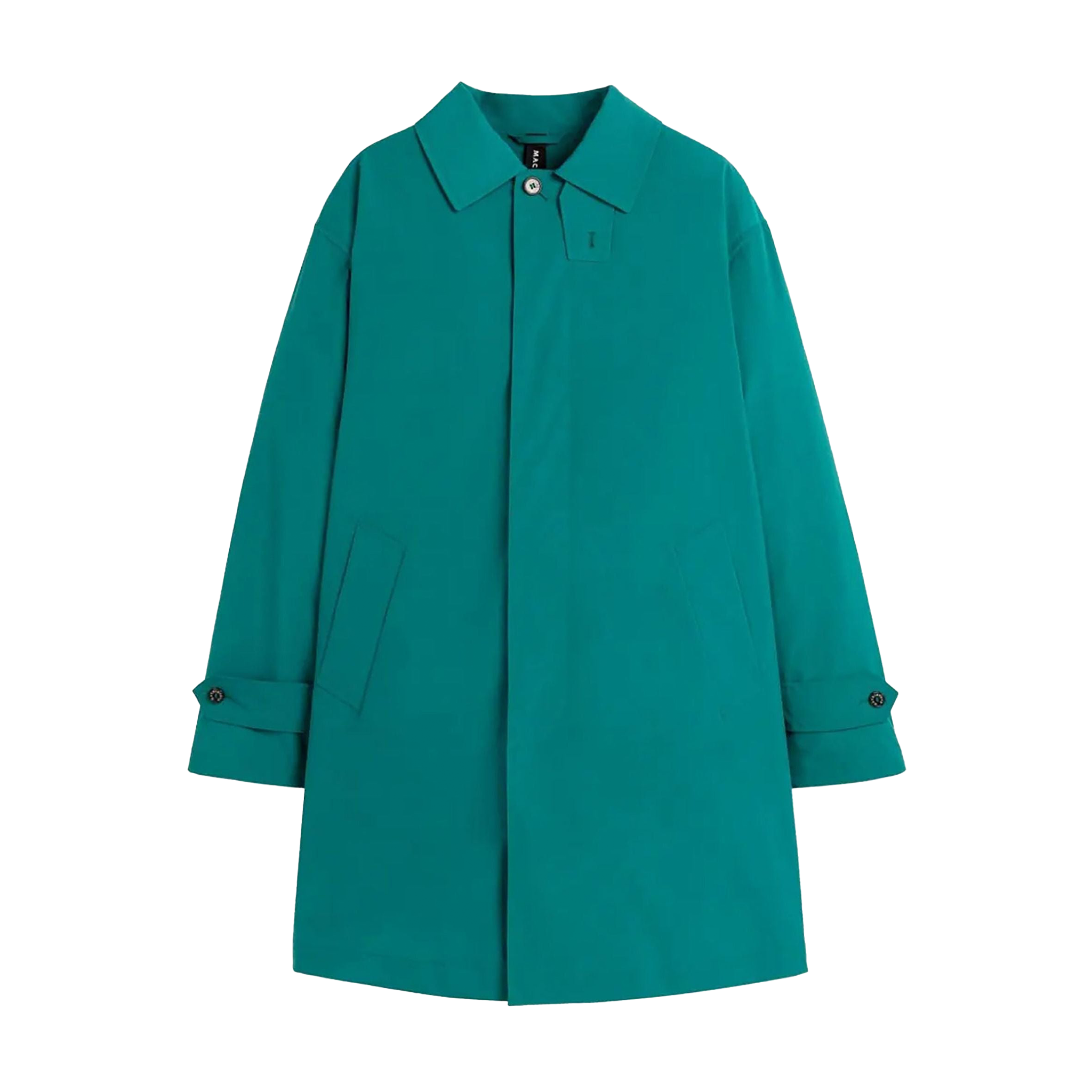 The Mackintosh M Nylon Soho is a teal overcoat from the men's outerwear collection. It features a pointed collar, buttoned cuffs, side pockets, and a concealed button closure. Its RAINTEC design ensures it is waterproof for enhanced protection.