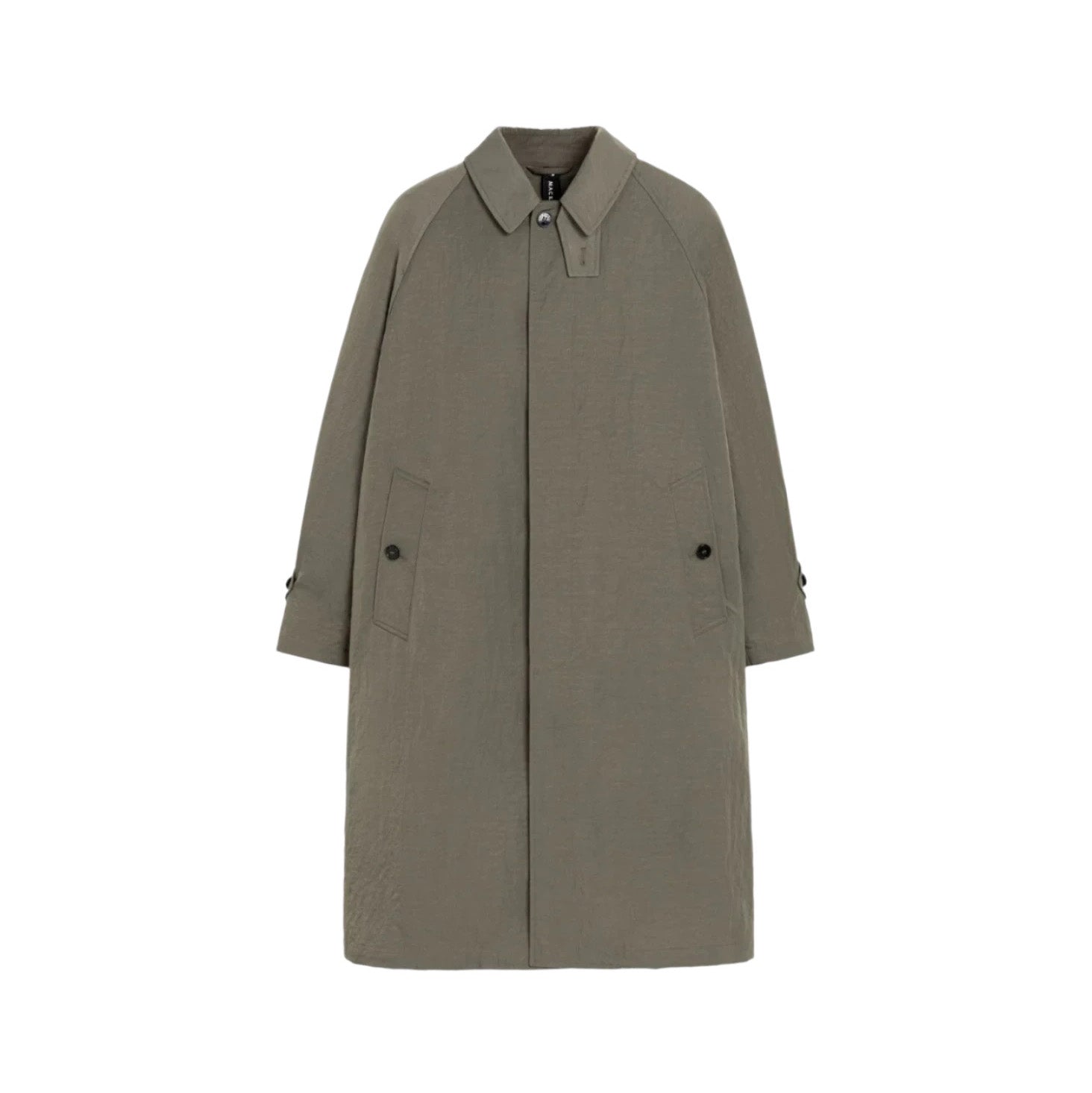 The M Gonville by Mackintosh is a men's olive-green coat made from water-resistant nylon. It includes a pointed collar, buttoned sleeves, front pockets, and a concealed button placket.