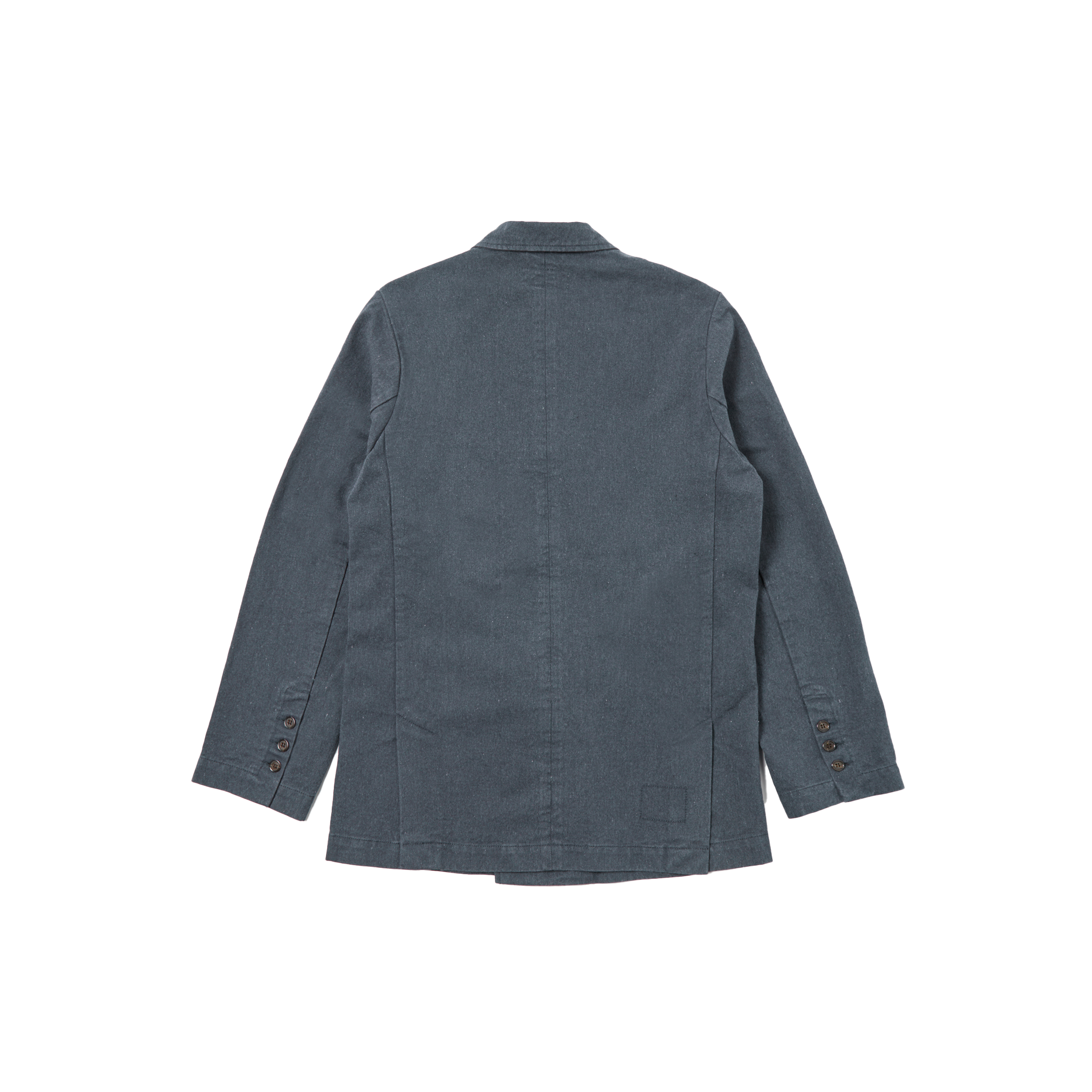 A rear look at the Manor Jacket by Universal Works shows off its charcoal gray color, with detailed buttons on the sleeves and a central seam down the back, made from recycled cotton for a sustainable touch.