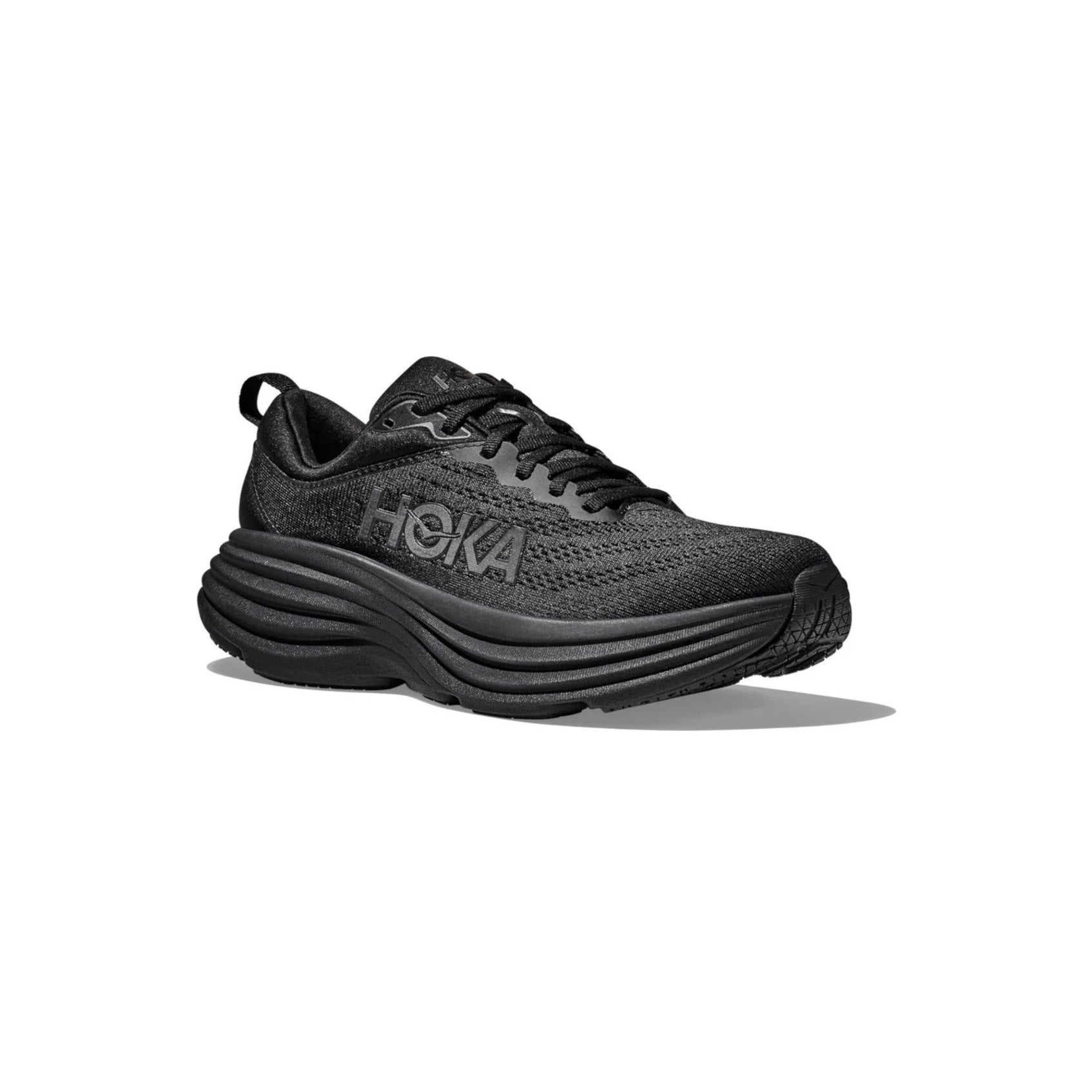 A black Hoka W Bondi 9 running shoe with extended heel geometry, thick cushioned sole, and breathable mesh upper, featuring "Hoka" branding on the side, shown on a white background.