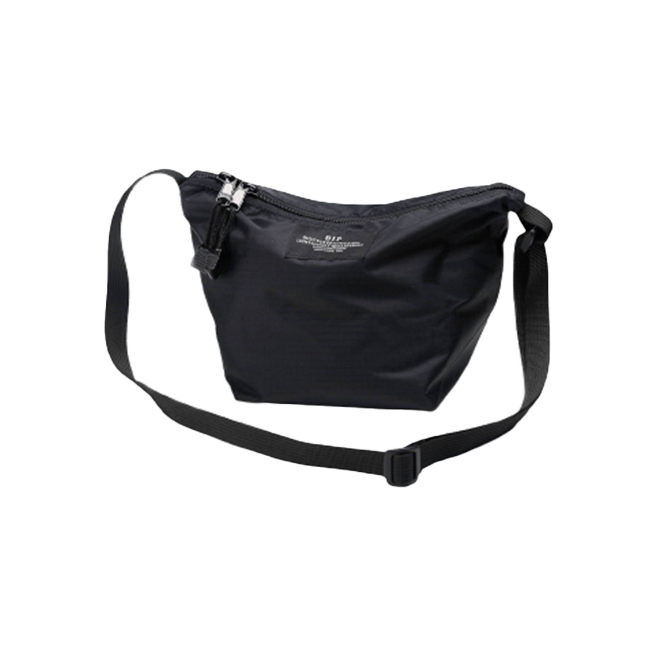 The Micro Tote by Bags in Progress is a lightweight black shoulder bag made from nylon, featuring a zipper closure and an adjustable strap, beautifully photographed against a white background.