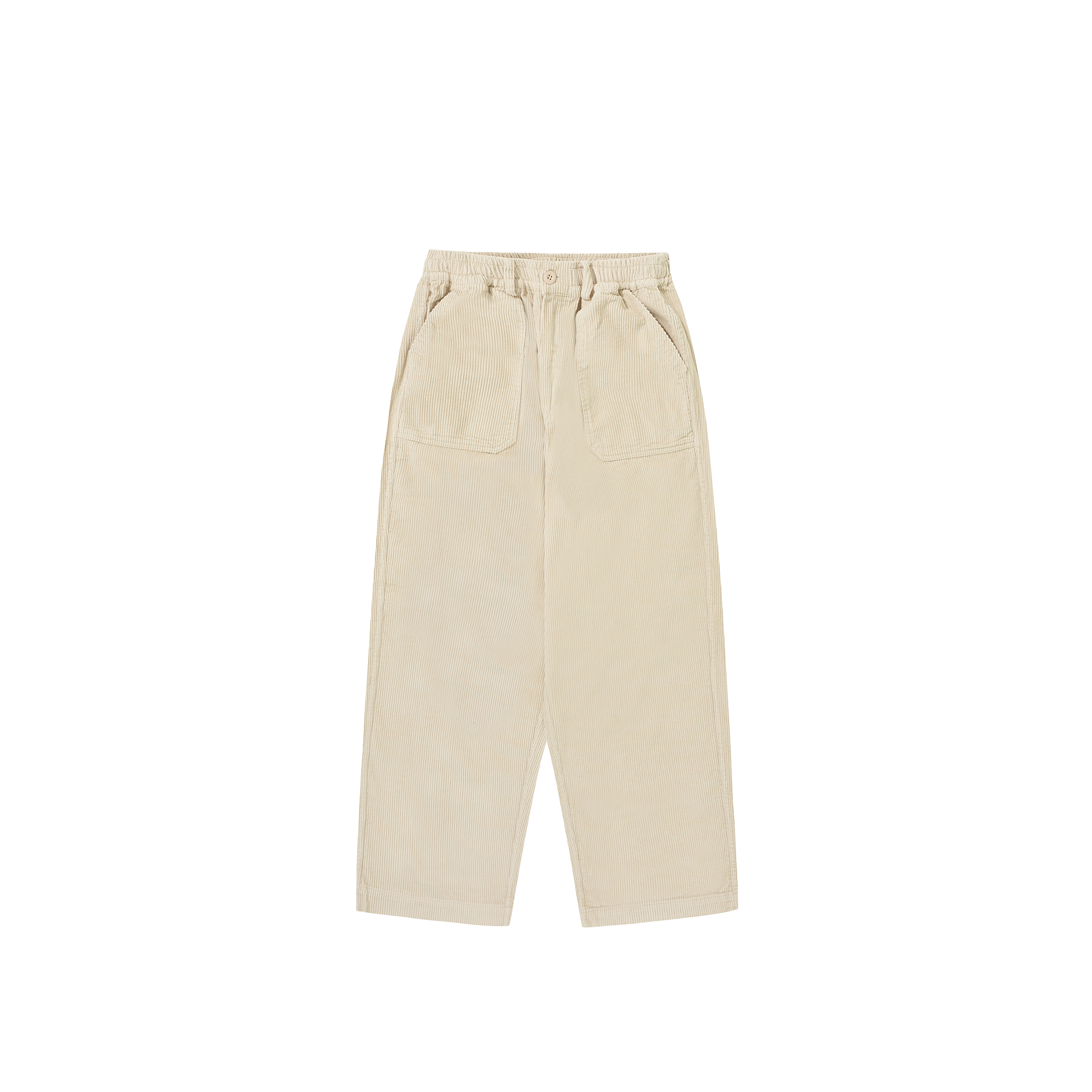 The beige One Tuck Fatigue Corduroy Pants by Kappy are made of cotton corduroy and feature an elastic waistband with two front pockets. These unisex pants, designed as one size fits most, are laid flat on a white background for versatile comfort and style.