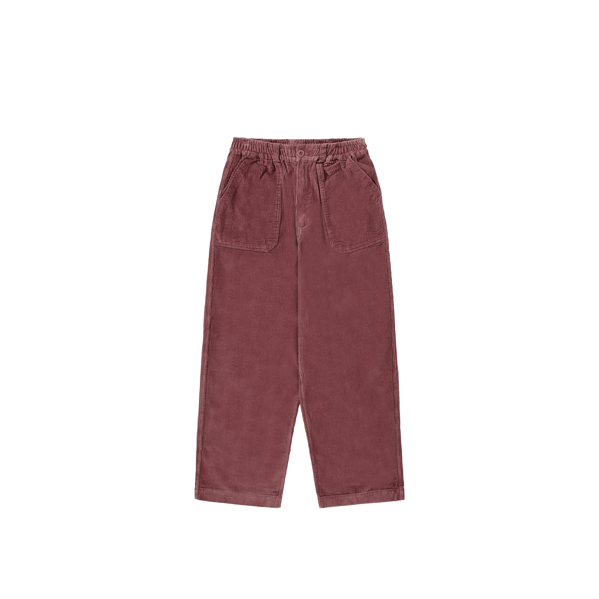 The One Tuck Fatigue Corduroy Pants by Kappy, crafted from soft maroon cotton corduroy and featuring an elastic waistband along with large front pockets, are displayed flat on a white background. Their versatile "one size fits most" design seamlessly combines style and comfort.