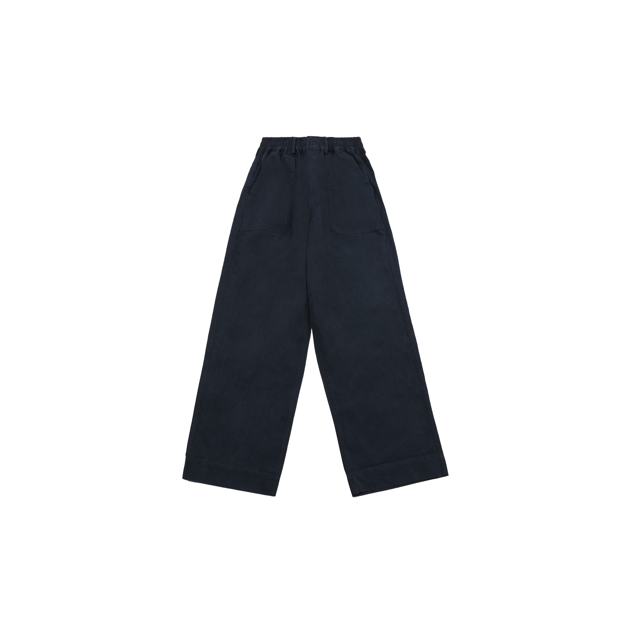 The One Tuck Wide Fatigue Pant by Kappy is a unisex, one size fits most design in navy blue, featuring wide legs, an elastic waistband, and large front pockets. It's showcased against a plain background.