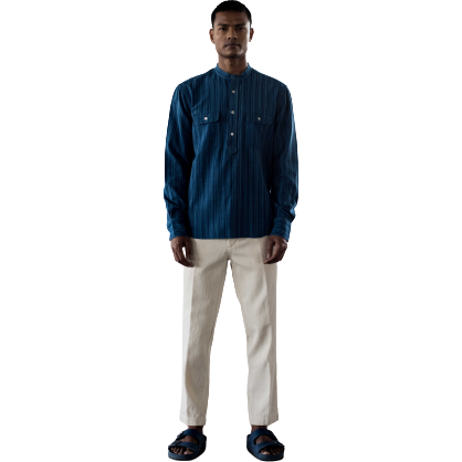 Original Madras Trading Co. M Long Sleeve T-Shirts Band Collar LS Popover Shirt, Blue Stripe