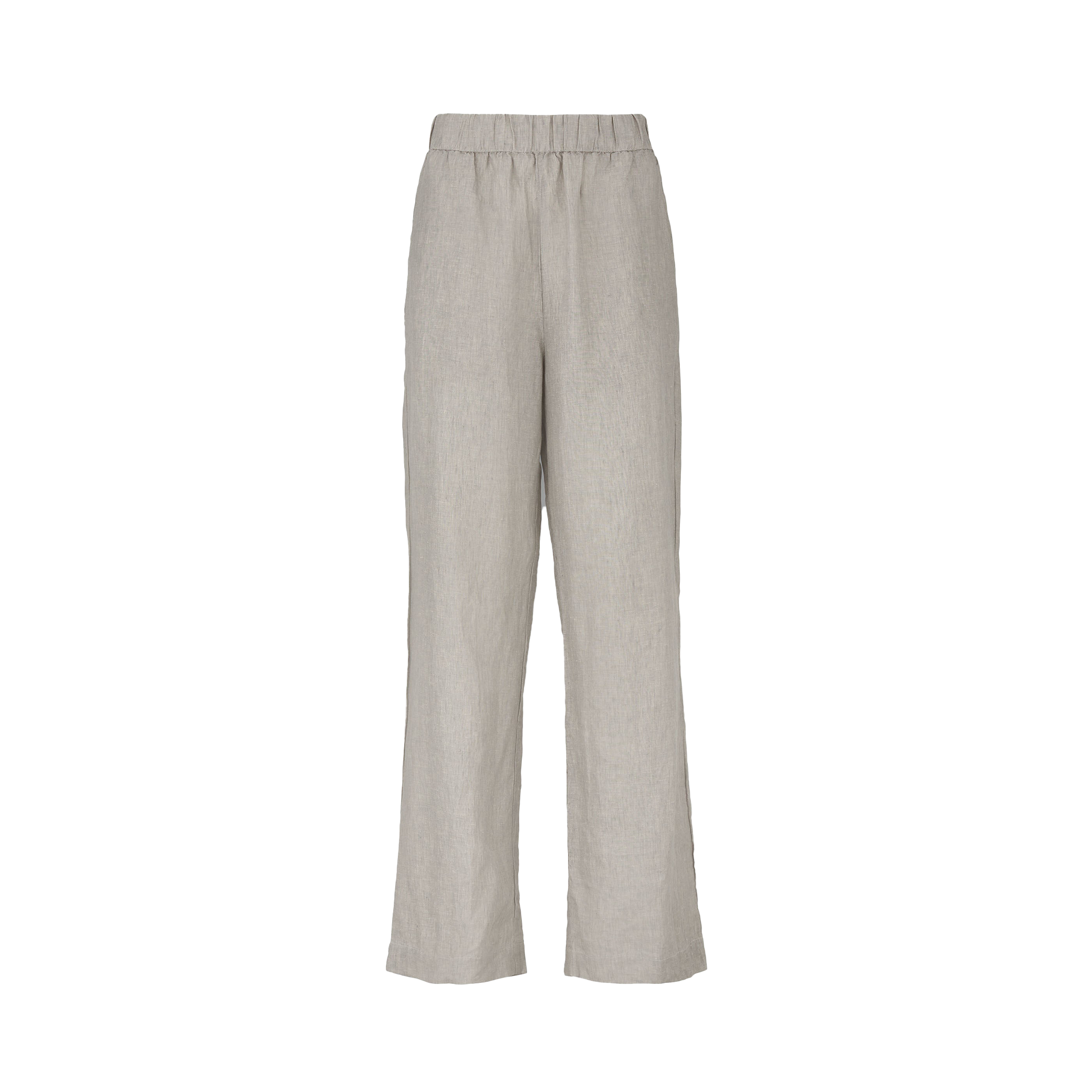 The Phillipa Pant by Aiayu features European linen in light gray, boasting a wide-leg, full-length design with an elastic waistband for a relaxed fit.