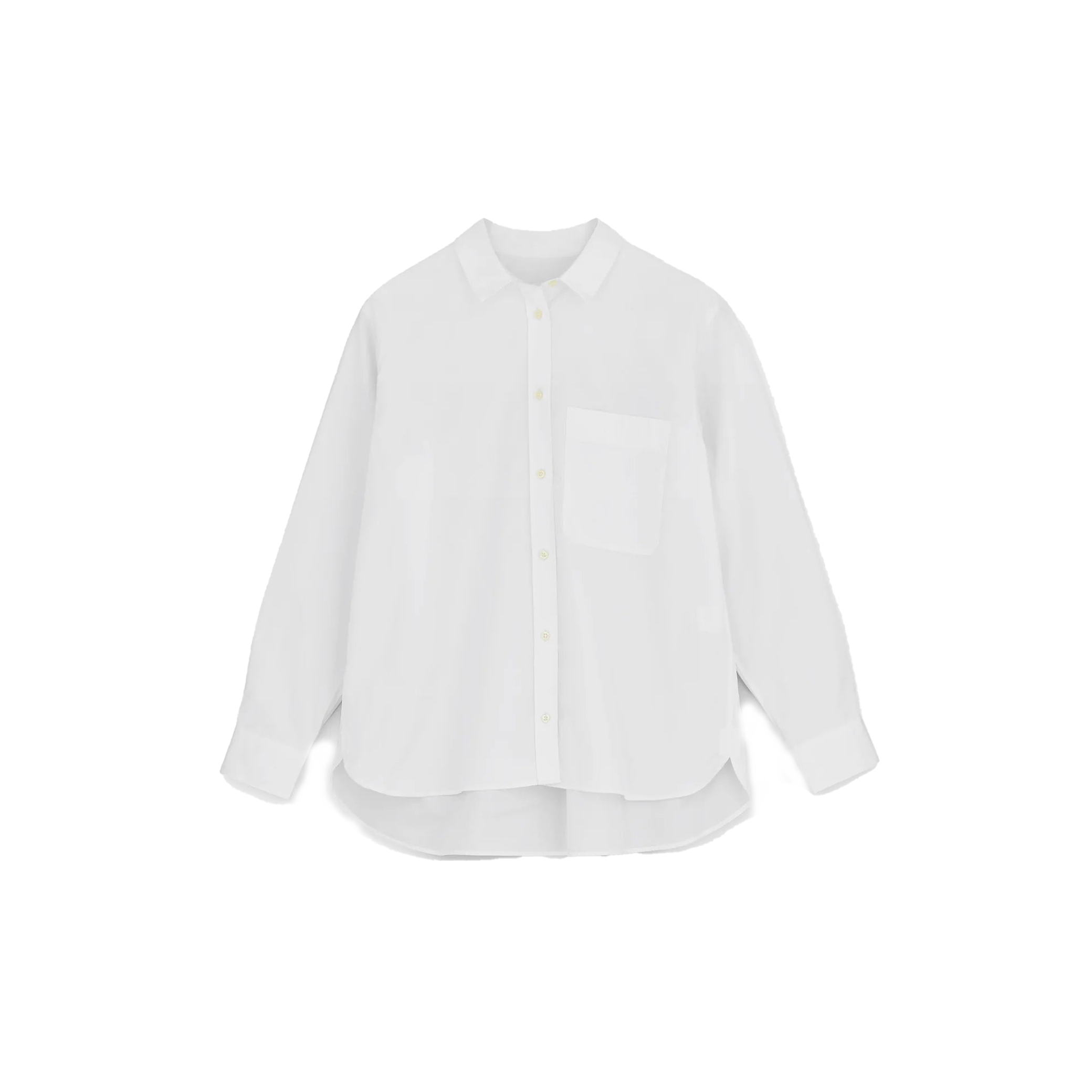 The Philo Tailored Shirt by Aiayu, made from luxurious Thomas Mason cotton, presents a classic white design with long sleeves and a front pocket. It embodies the elegance of European tailormade fashion, offering style and sophistication against its plain backdrop.