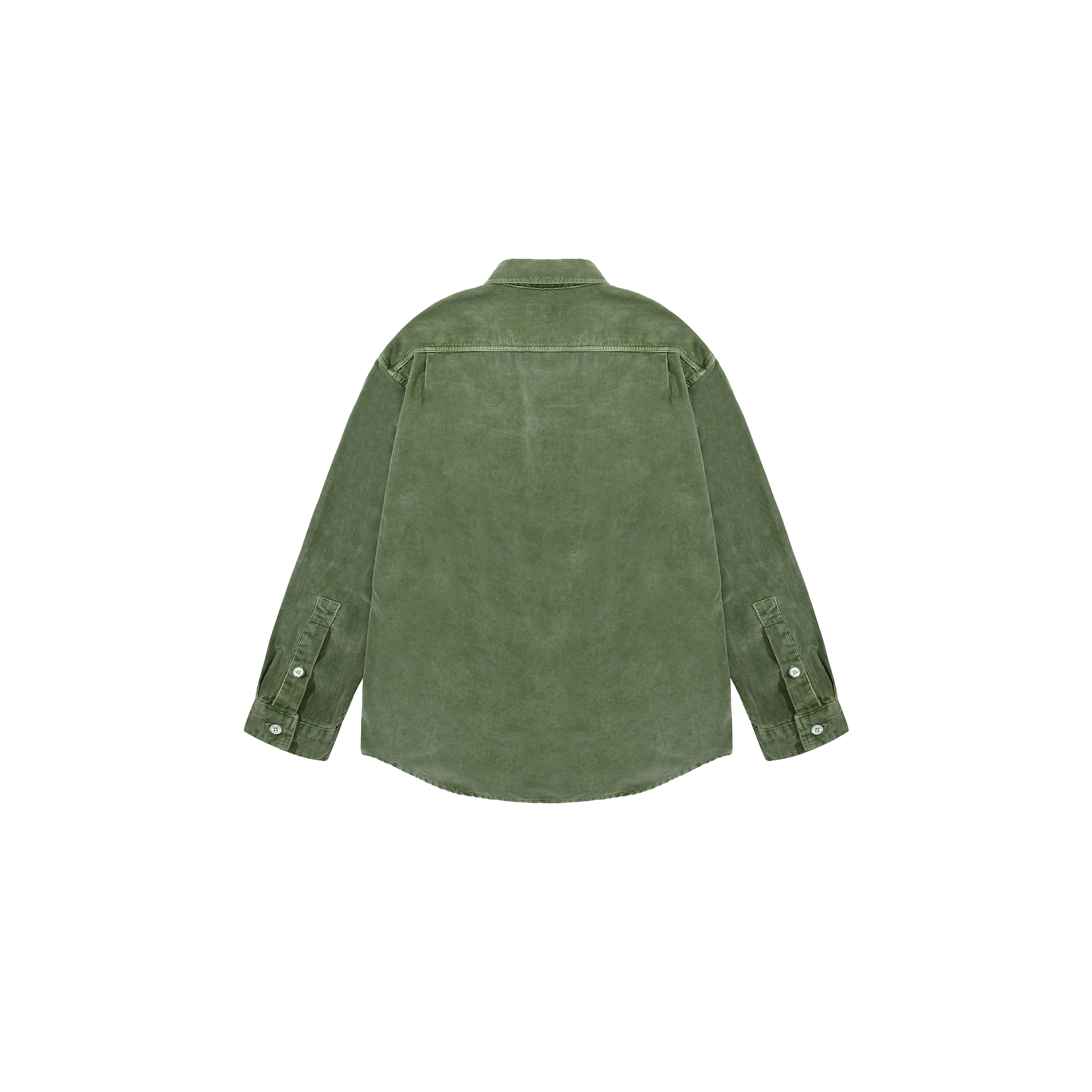 Back view of the Pigment Corduroy Shirt by Kappy, a green unisex button-up shirt featuring a classic collar and long sleeves.