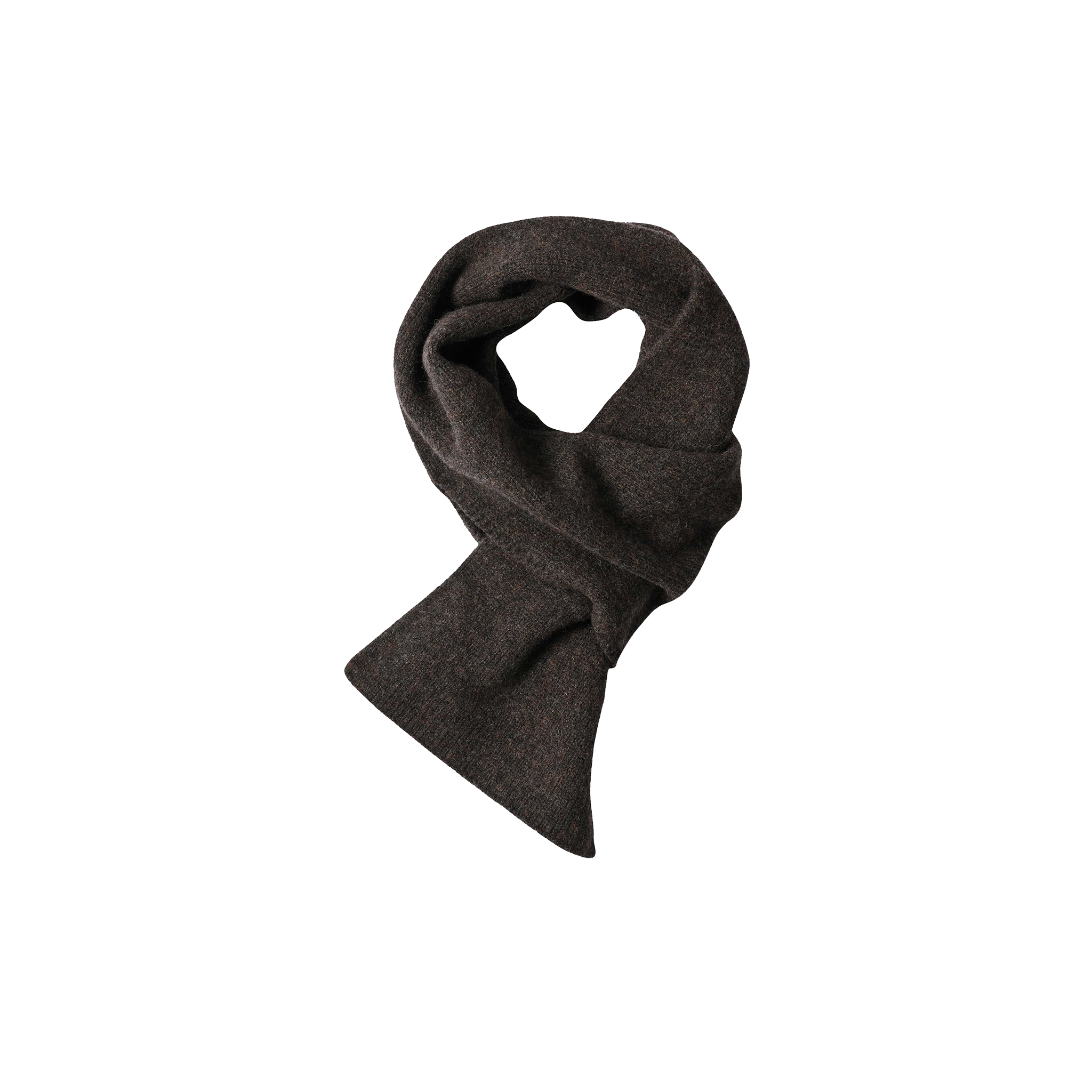 A neatly folded and loosely knotted Margaret Howell Pull Through Scarf in cocoa brown lambswool, displayed against a white background.