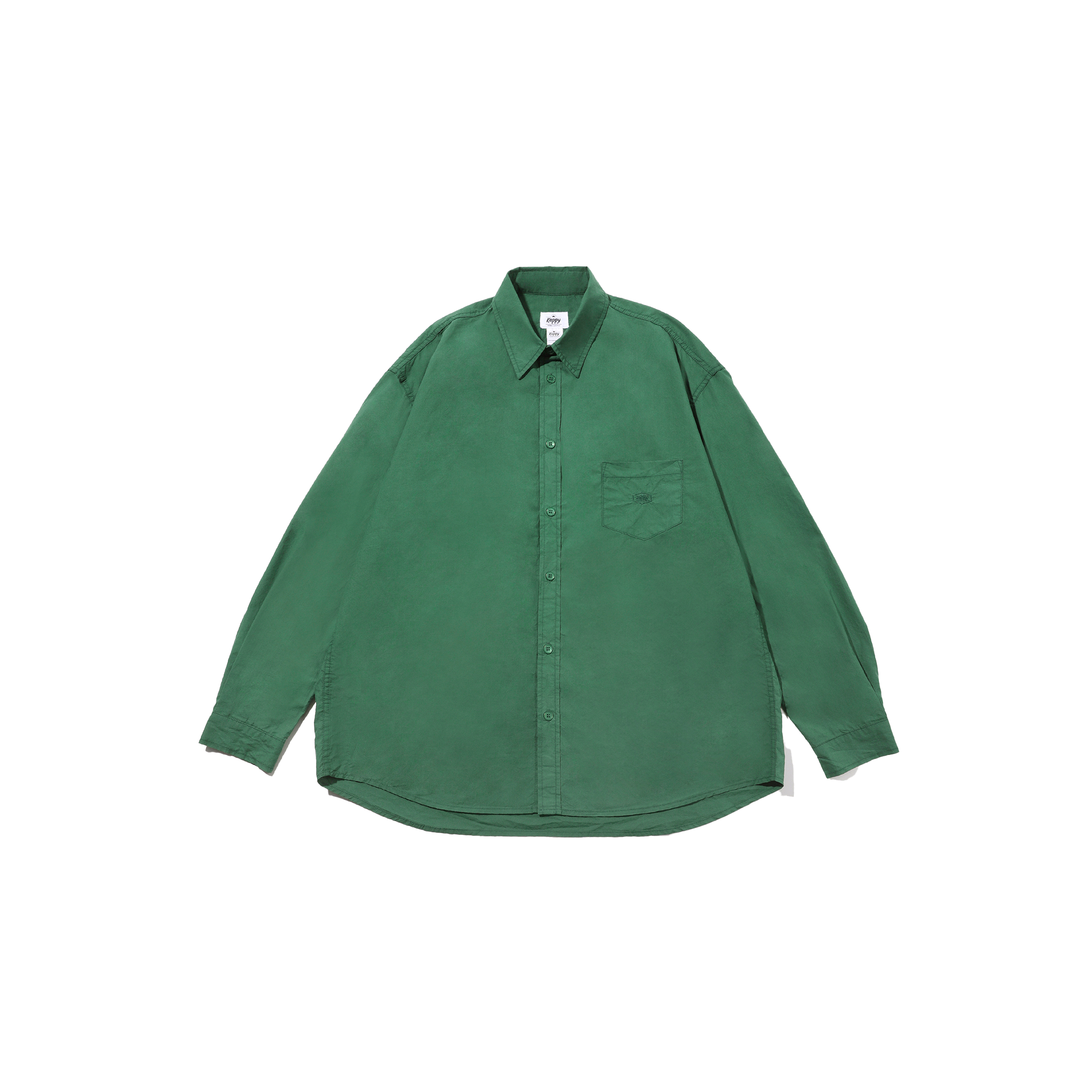 The Relaxed Cotton Shirt by Kappy, in dark green, features a button-up design with a patch pocket on the left chest and is displayed against a plain black background. It is made in South Korea.