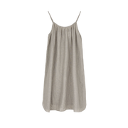 The Aiayu Strap Dress Linen is a gray, sleeveless summer dress made from European Linen, featuring thin straps and a minimalist design that drapes elegantly against plain backgrounds.