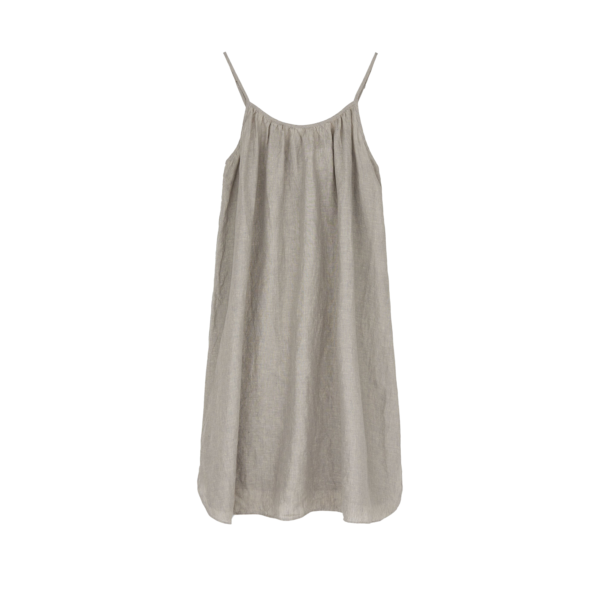 The Aiayu Strap Dress Linen is a gray, sleeveless summer dress made from European Linen, featuring thin straps and a minimalist design that drapes elegantly against plain backgrounds.