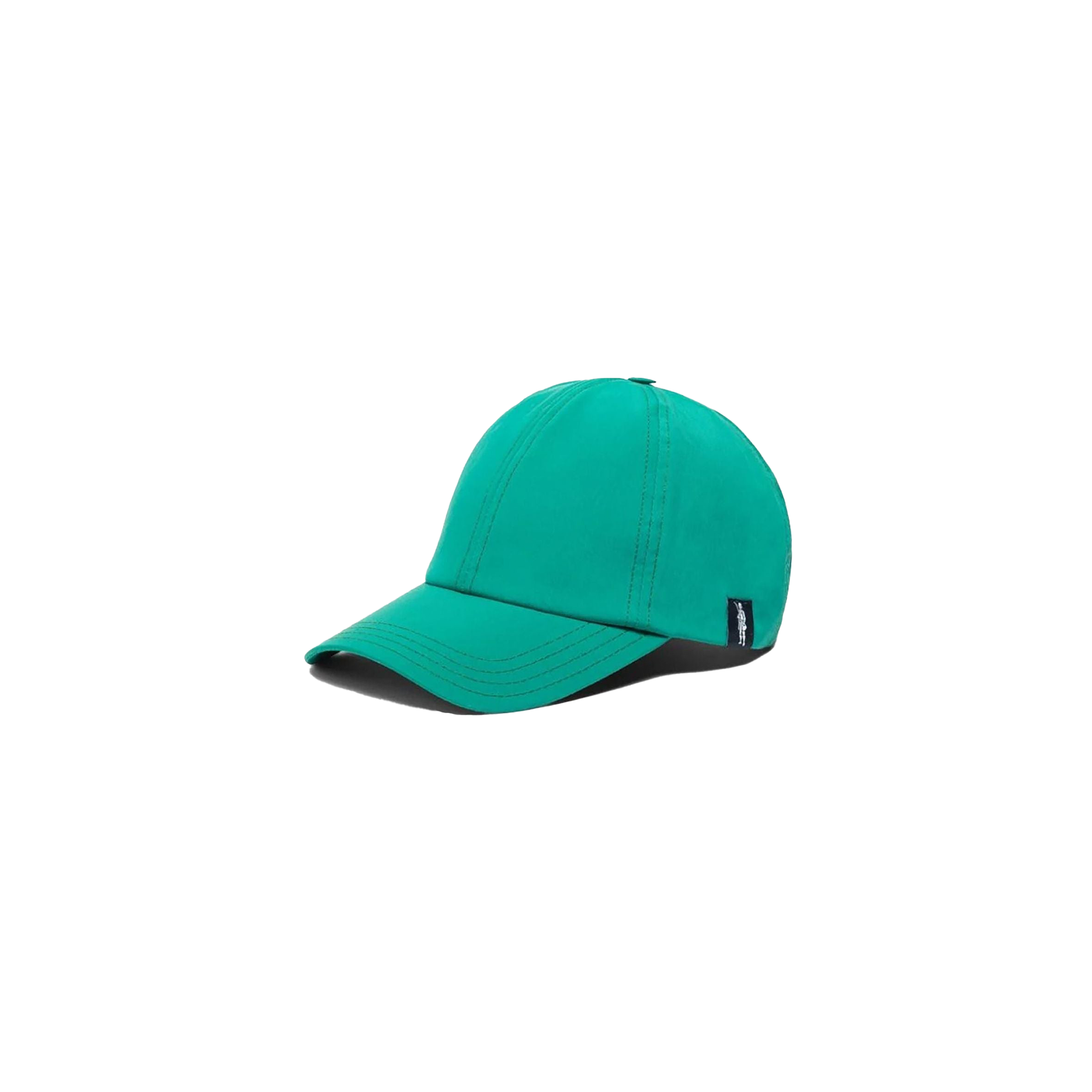 The Mackintosh Tipping Baseball Cap is a bright green cap made from recycled materials, with visible stitching, a curved brim, and a small black tag on the left side.
