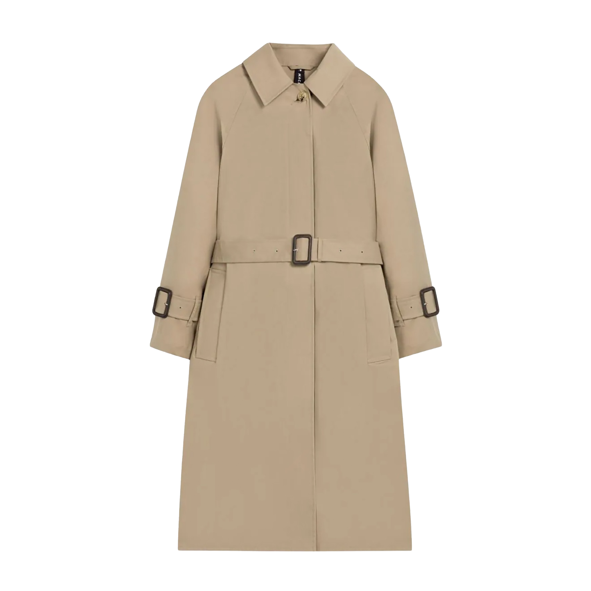 The W Maili coat by Mackintosh is a beige trench made from RAINTEC cotton. It features a collar, long sleeves, and a matching belt with a rectangular buckle. The adjustable cuff straps make it windproof for blustery days.