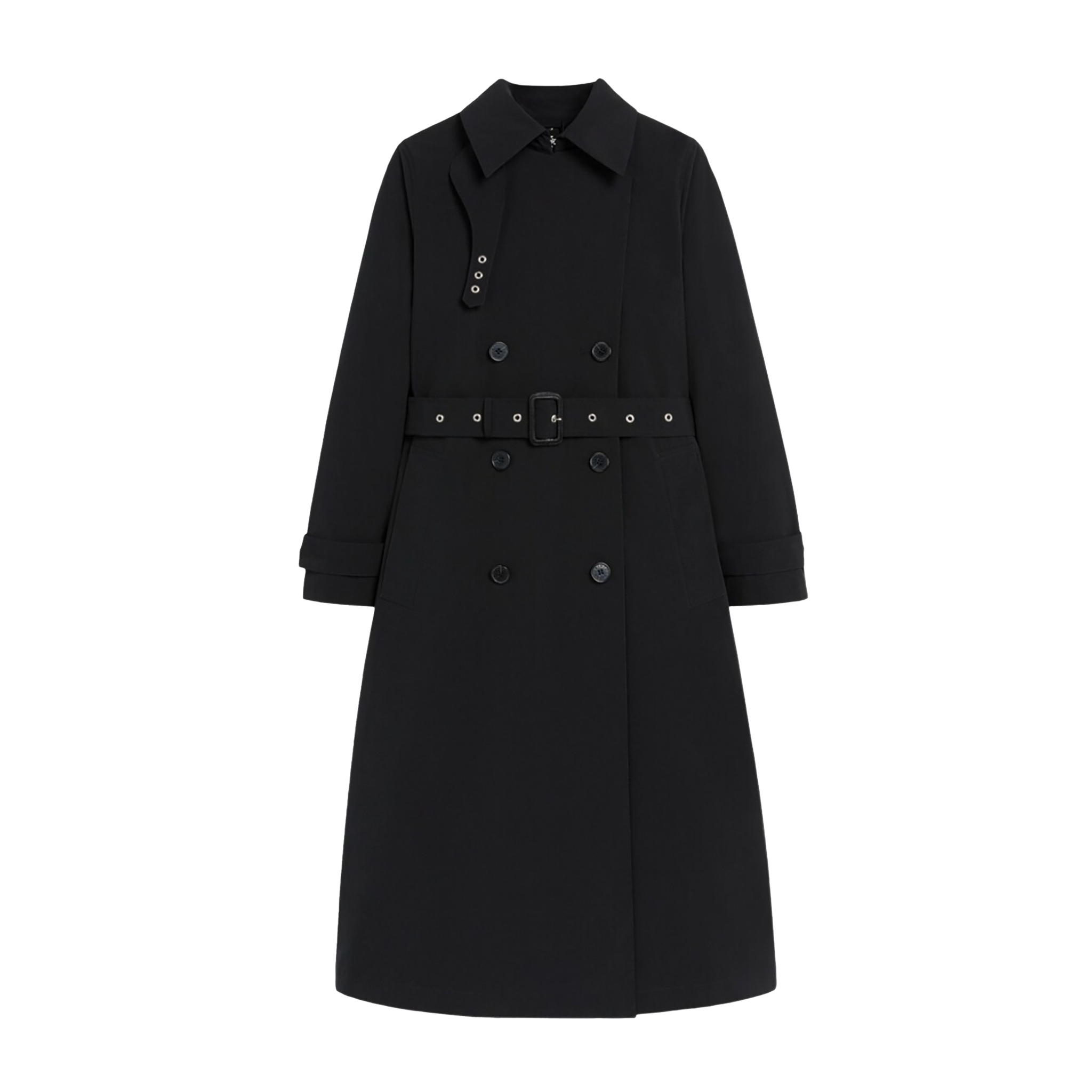 W Polly: A Black double-breasted trench coat by Mackintosh, featuring a belt and buttoned cuffs, displayed on a white background.
