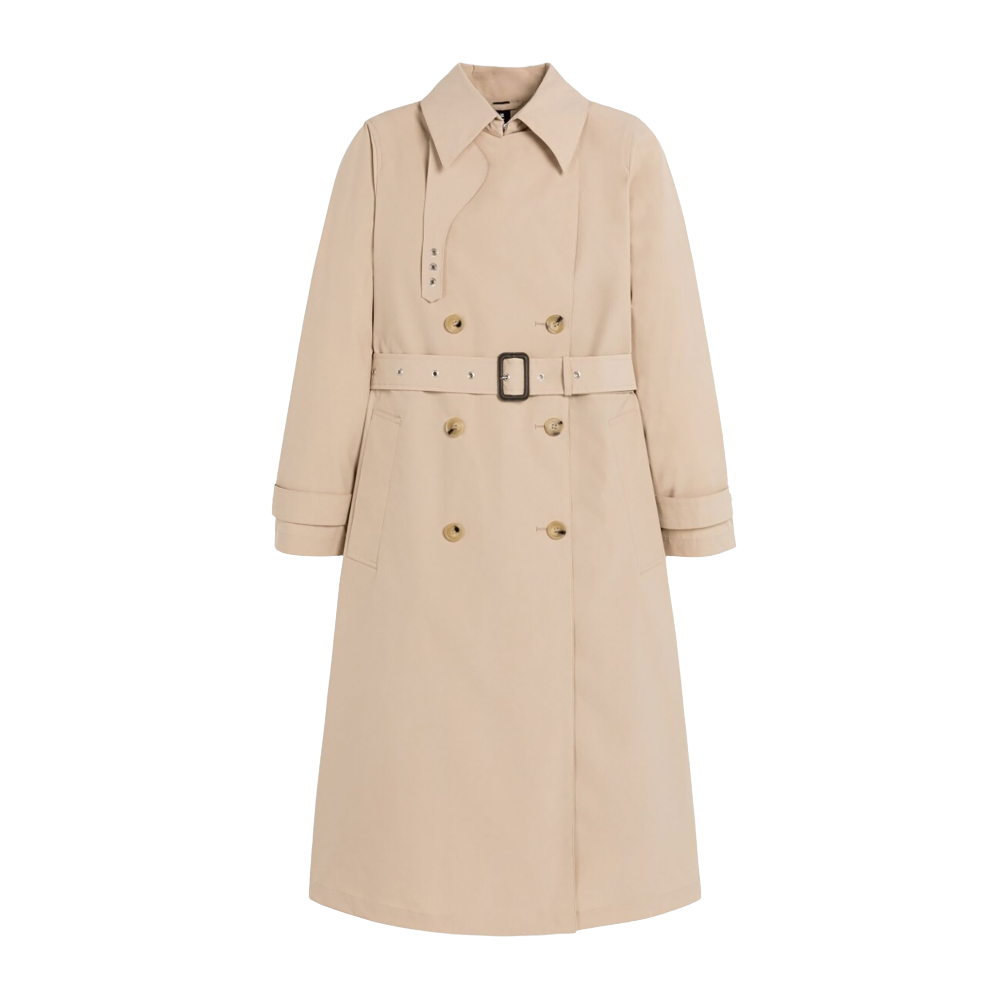 Introducing the W Polly coat by Mackintosh: a beige, knee-length trench with an oversized A-line silhouette. It features a belt, a buttoned front, and long sleeves, and is water-repellent for added practicality.