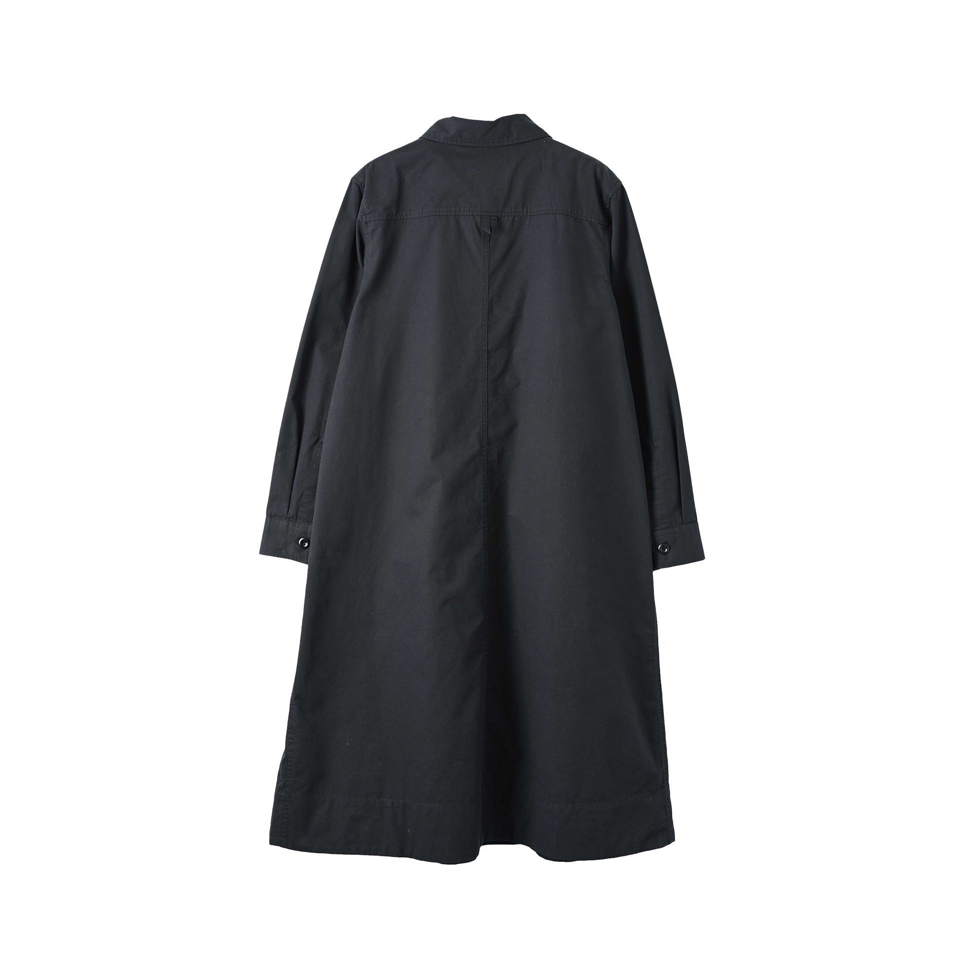 The image displays a Swing Dress from Margaret Howell, characterized by a long, dark design with a straight cut and buttoned cuffs, enhanced by practical patch pockets.