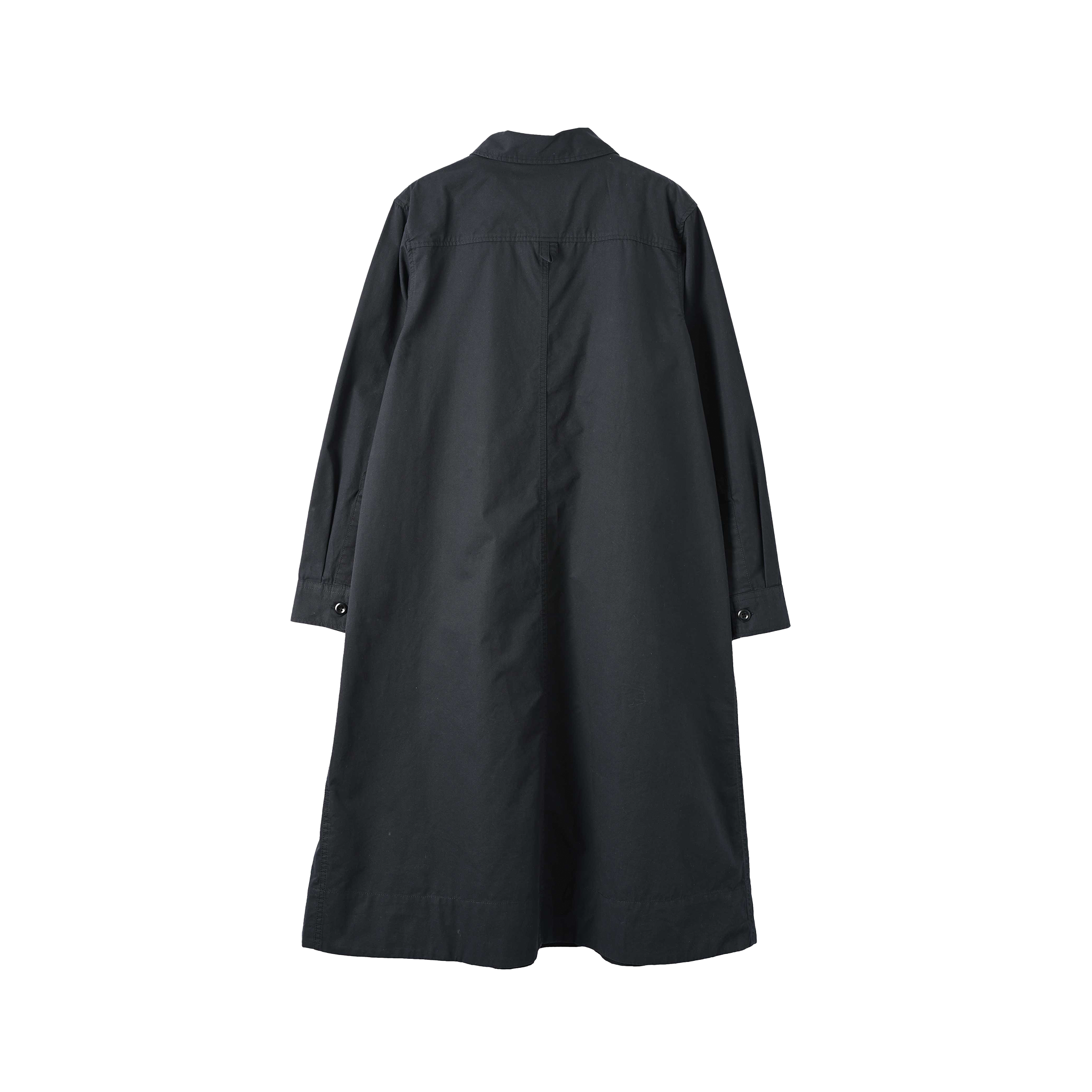 The image displays a Swing Dress from Margaret Howell, characterized by a long, dark design with a straight cut and buttoned cuffs, enhanced by practical patch pockets.