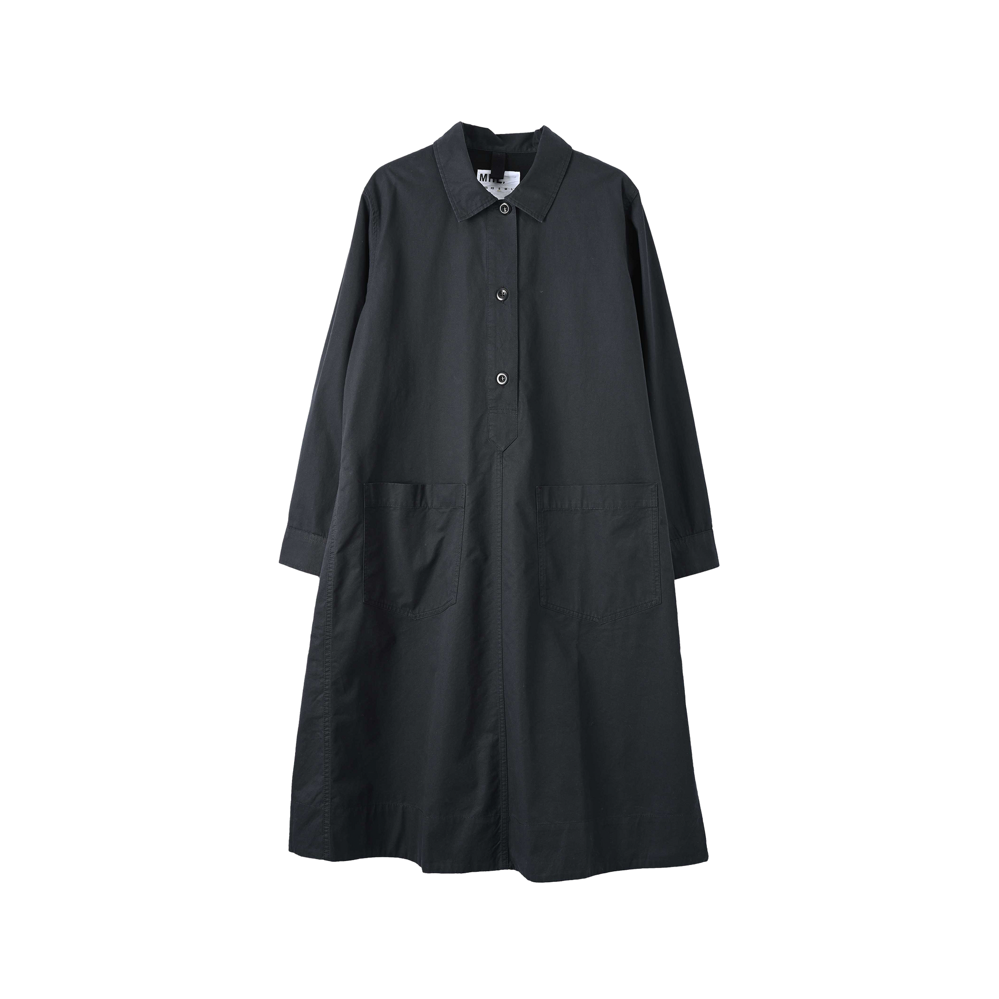 Margaret Howell's Swing Dress boasts a flowing silhouette with a collar, button closure, and two front patch pockets. Made from 100% cotton, it is showcased against a simple white background.