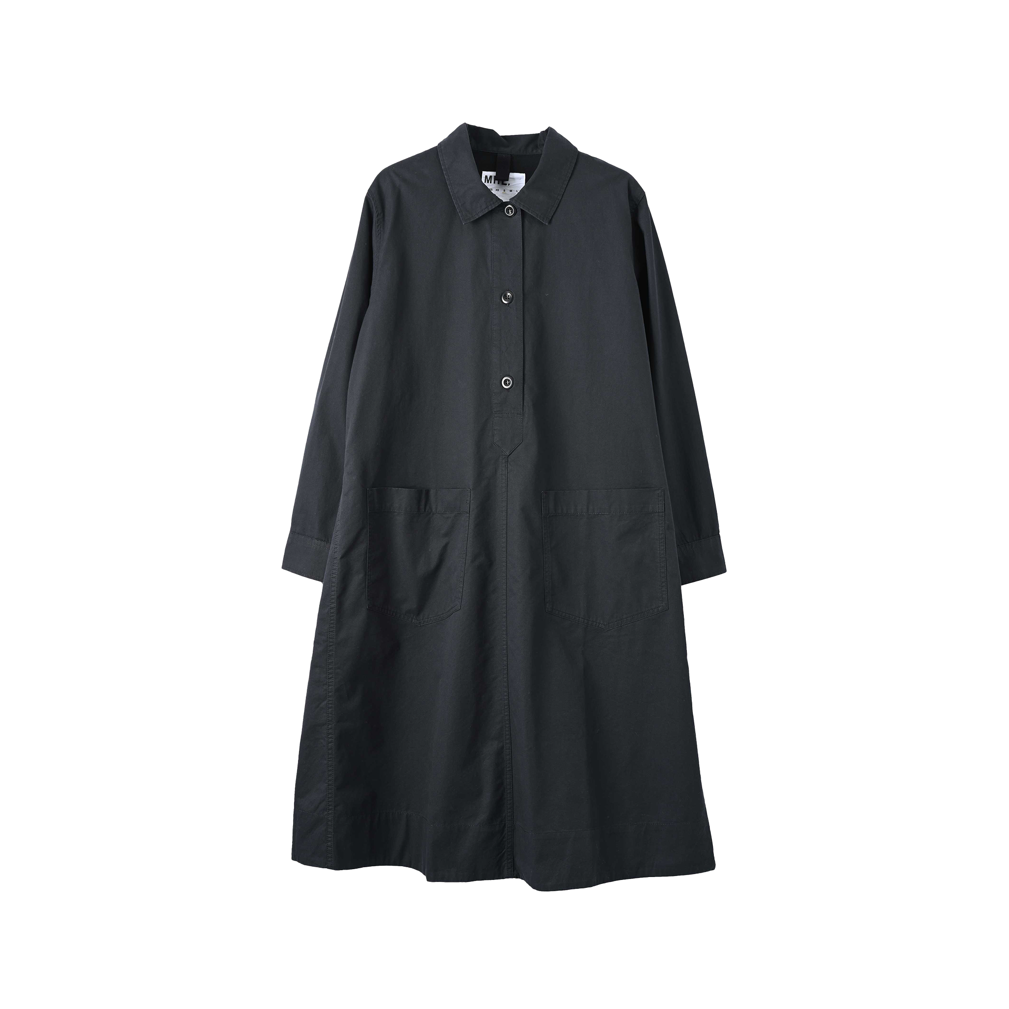 Margaret Howell's Swing Dress boasts a flowing silhouette with a collar, button closure, and two front patch pockets. Made from 100% cotton, it is showcased against a simple white background.