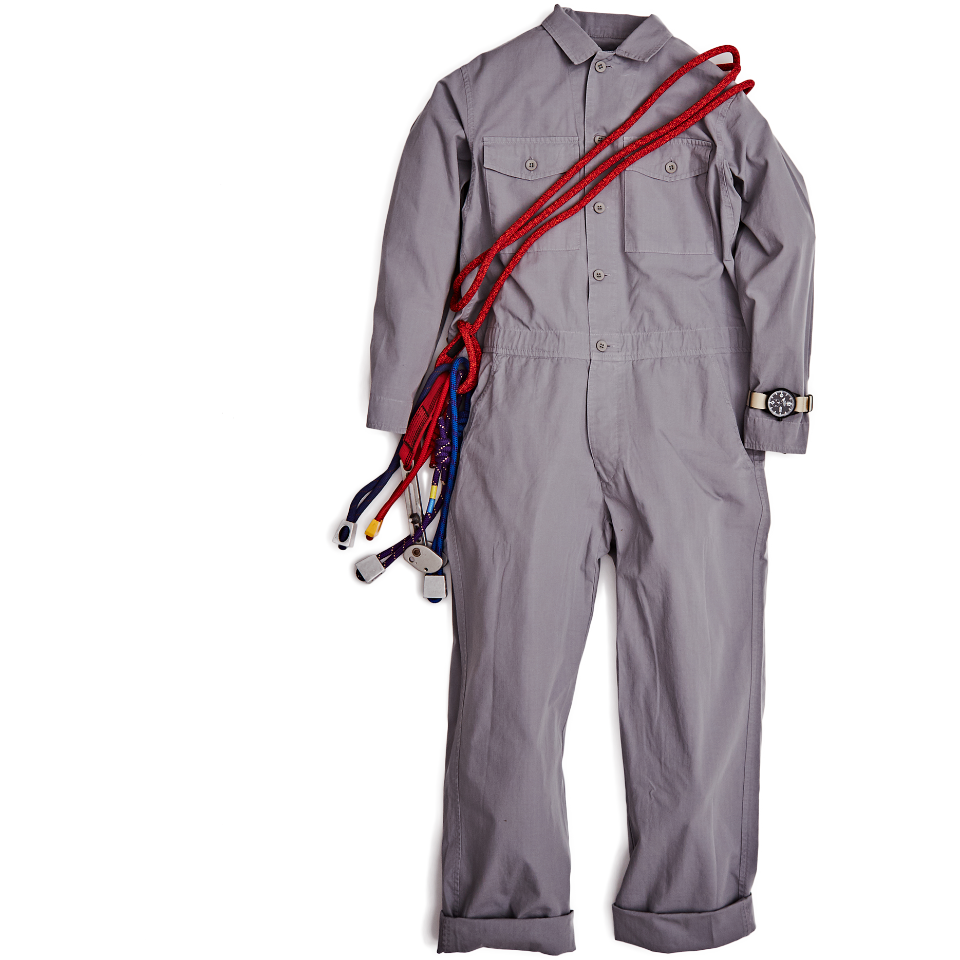 A gray Climbing Jumpsuit with a belt and a wristwatch laid out flat, crafted from durable cotton ripstop for ease of mobility, accompanied by several colorful lanyards and ropes hanging over the shoulder area.
Replaced Sentence: A Westerlind Climbing Jumpsuit, Light Grey-1 with a belt and a wristwatch laid out flat, crafted from durable cotton ripstop for ease of mobility, accompanied by several colorful lanyards and ropes hanging over the shoulder area.