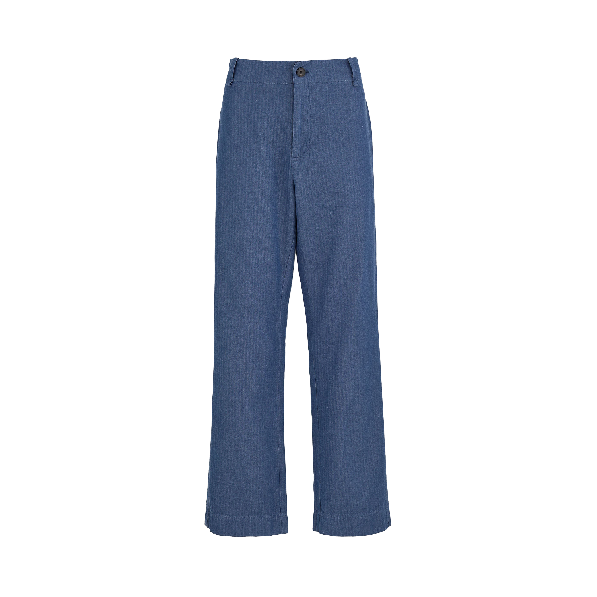 The Willa Pant Herringbone by Aiayu features high-waist blue wide-leg design with button and zip closure, crafted from organic cotton with subtle vertical stripes.