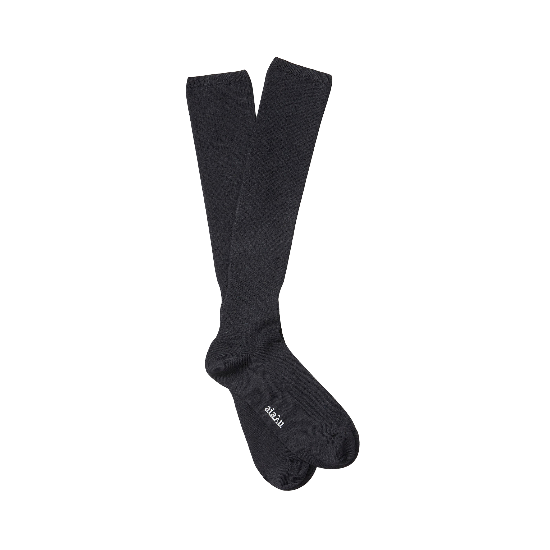 The Aiayu Wool Knee Socks are durable, long black socks made from organic merino wool with the text "futru lan" printed near the toe.