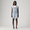 A person stands facing forward, wearing a white t-shirt and Levis Utility Shortall in light blue denim with a relaxed fit, paired with silver shoes against a plain light background.