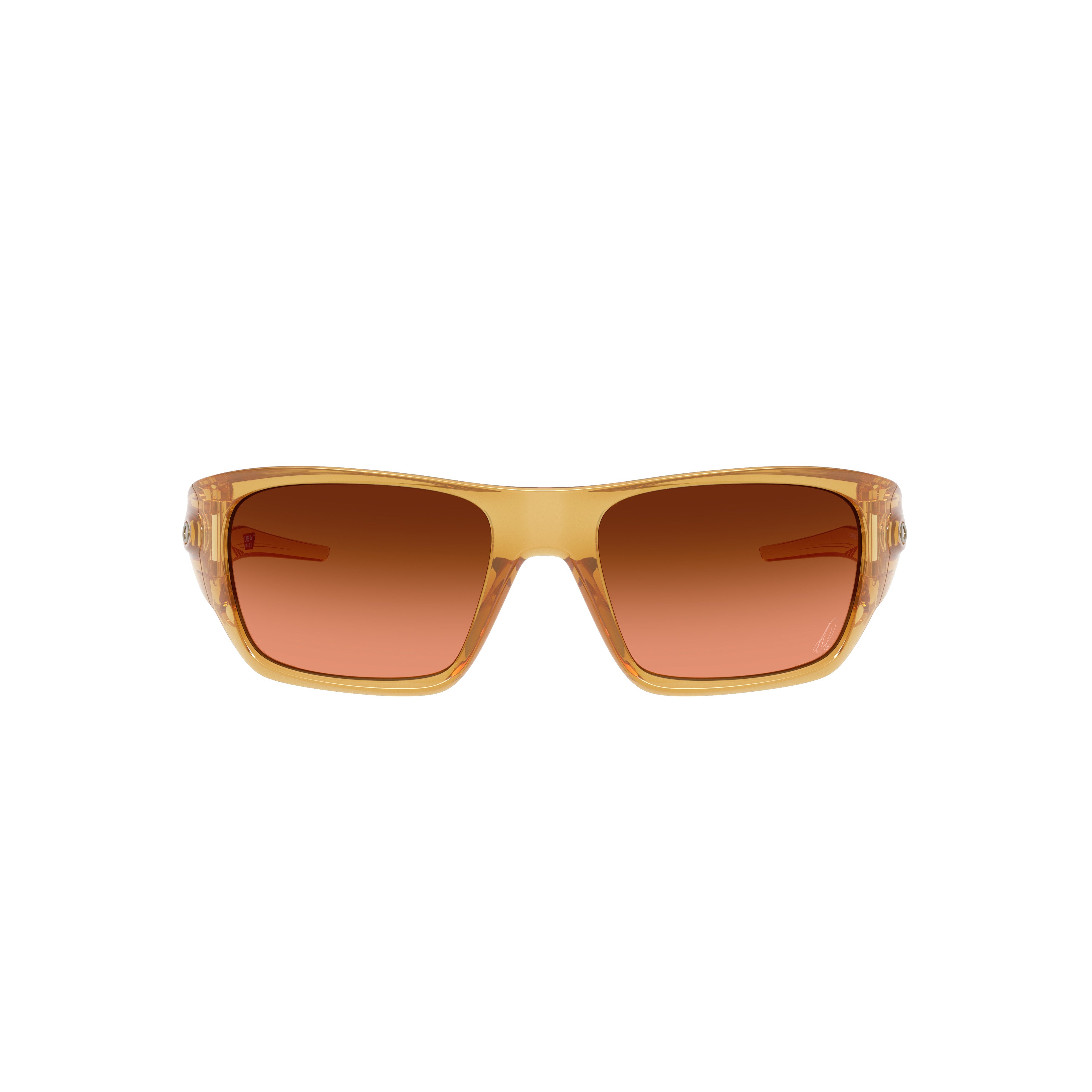 Front view of Oakley Alexia Putellas Signature Series Masseter rectangular sunglasses with a Trans Light Curry frame and Prizm Brown Gradient lenses, shown against a white background.