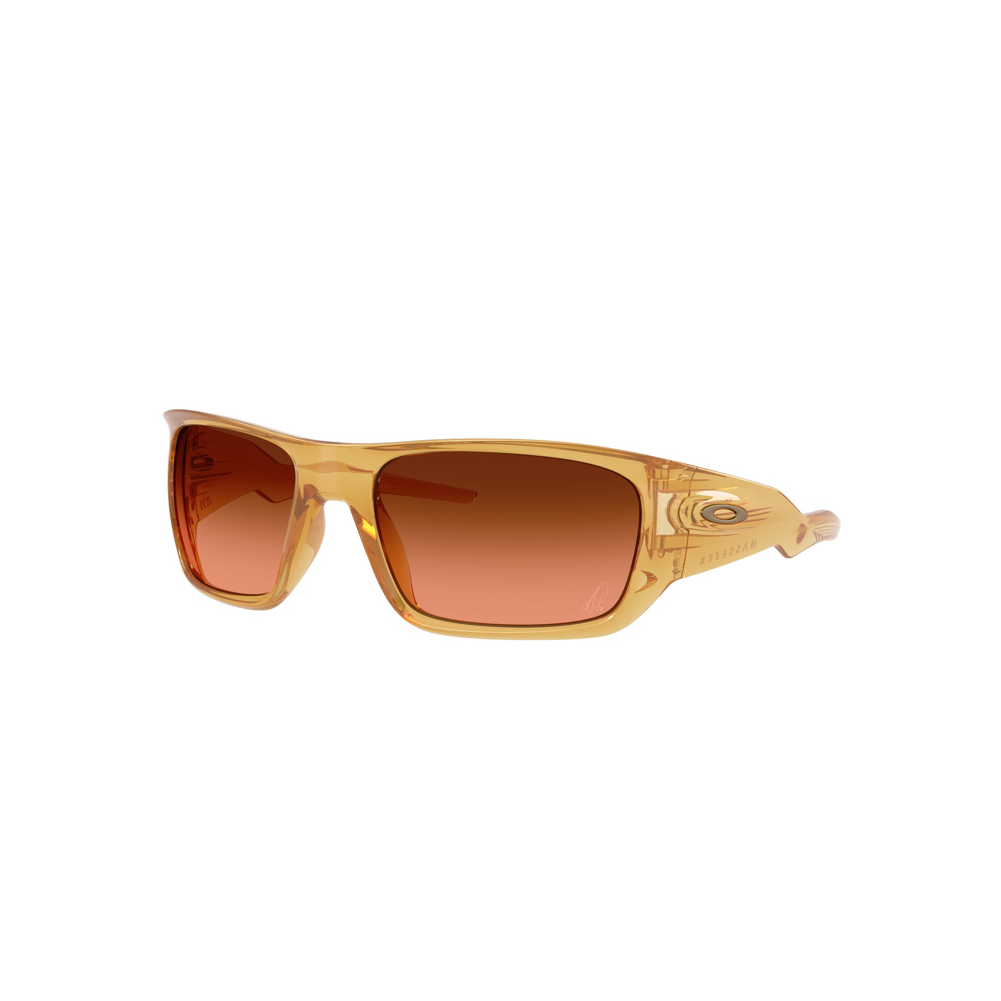Oakley Alexia Putellas Signature Series Masseter sunglasses feature translucent Trans Light Curry thick plastic rectangular frames with Prizm Brown Gradient lenses, displayed on a white background.