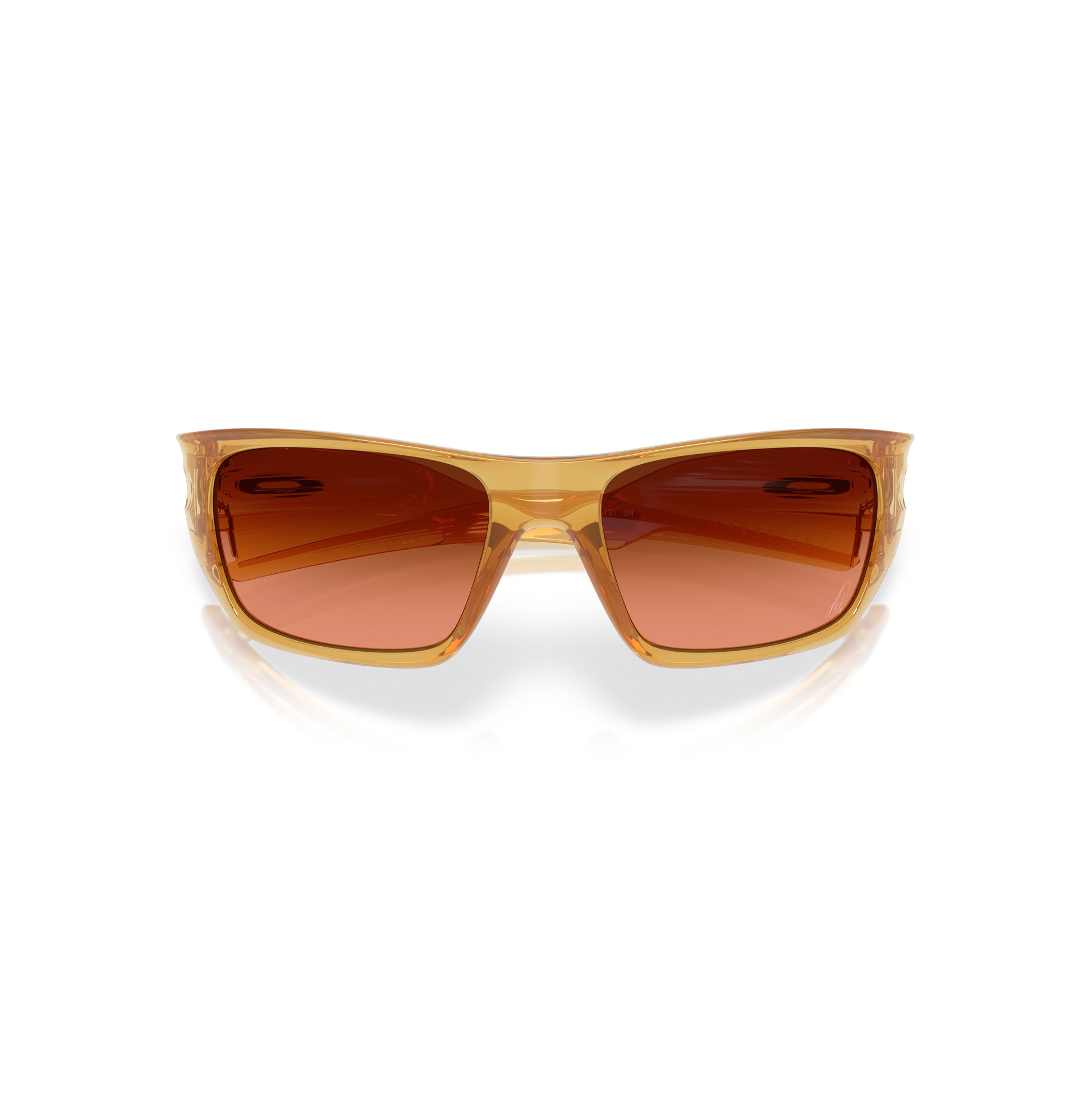 Front view of Oakley Alexia Putellas Signature Series Masseter sunglasses with a rectangular Trans Light Curry frame and Prizm Brown Gradient lenses, set against a white background.