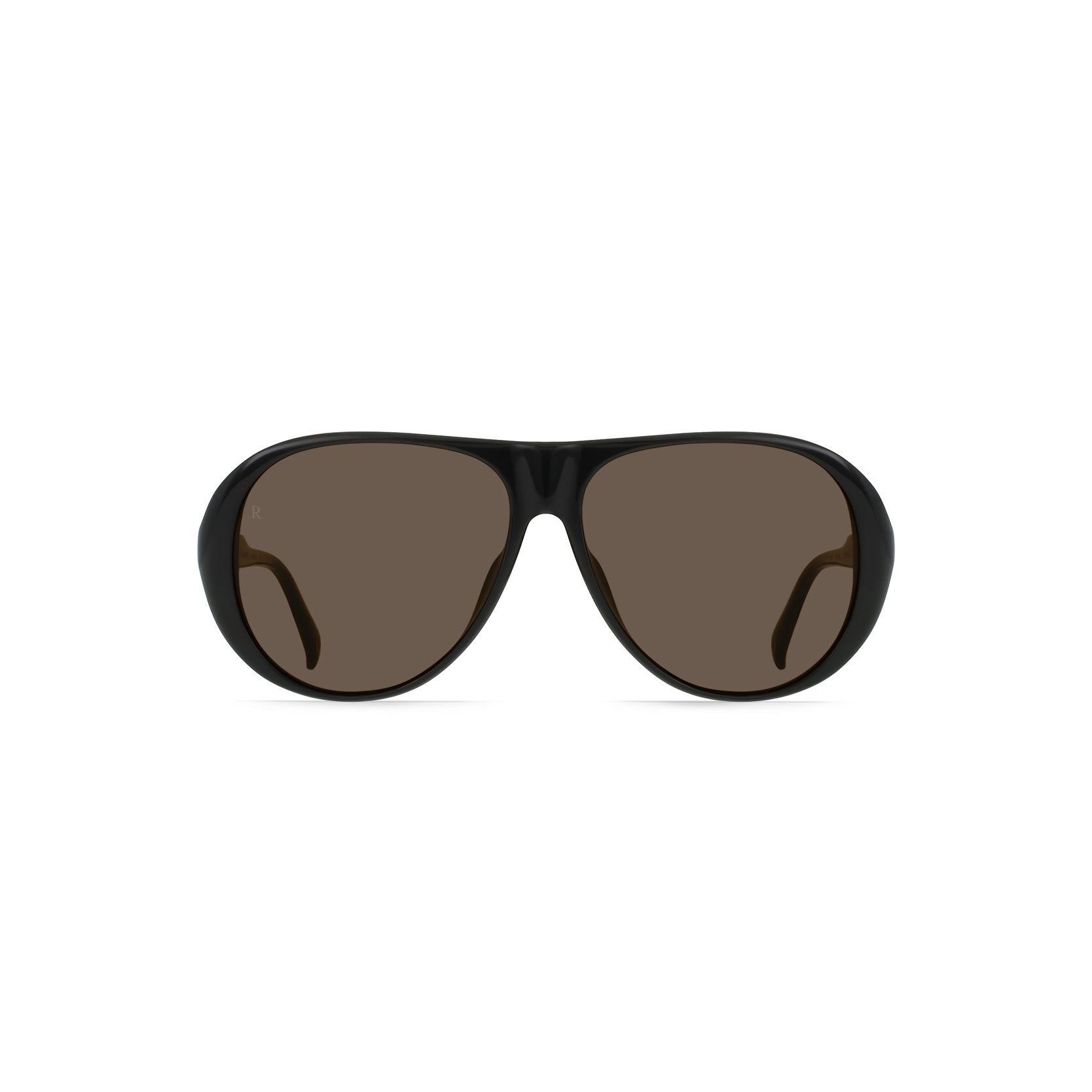 The Raen Optics Jenever sunglasses in Recycled Black/Agave feature dark brown lenses and a black oval frame, shown from the front on a white background.
