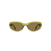 Raen Optics Kwela, Sencha/Aria oval sunglasses with brown tinted lenses displayed on a white background.