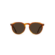The Remmy 49 by Raen Optics in Santa Fe Tortoise/Vibrant Brown Polarized is shown facing forward with round frames and dark lenses on a white background.