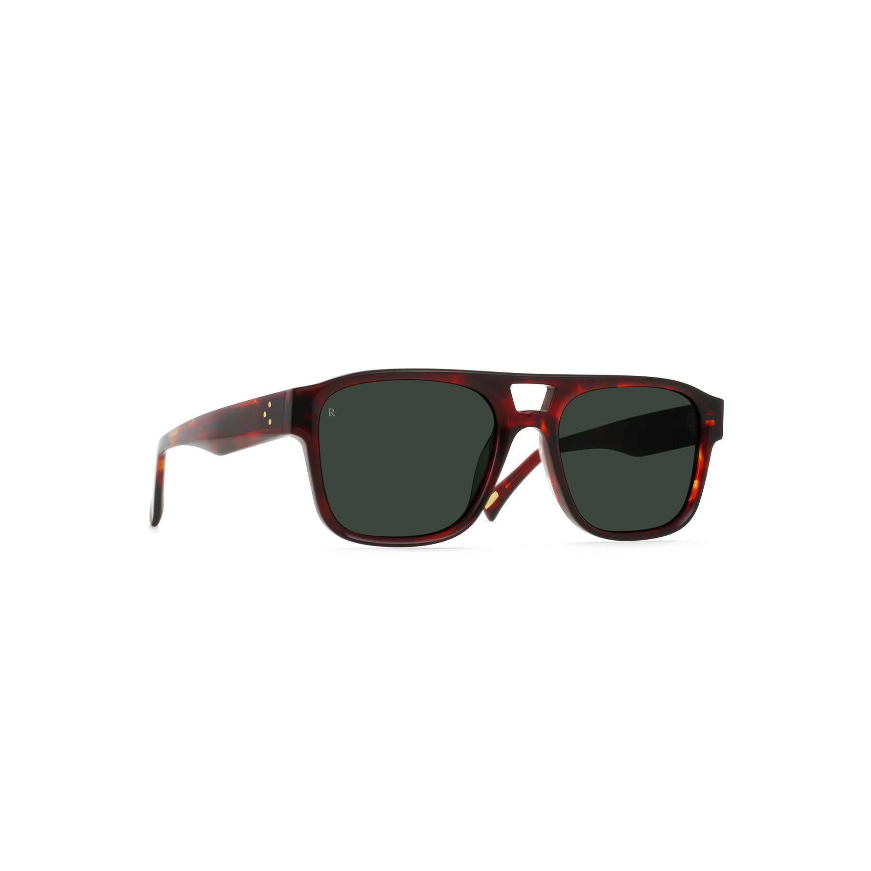 The Raen Optics Rifka sunglasses in Negroni/Green feature a rectangular tortoiseshell frame, dark lenses, keyhole bridge, and metal accents on the front corners.