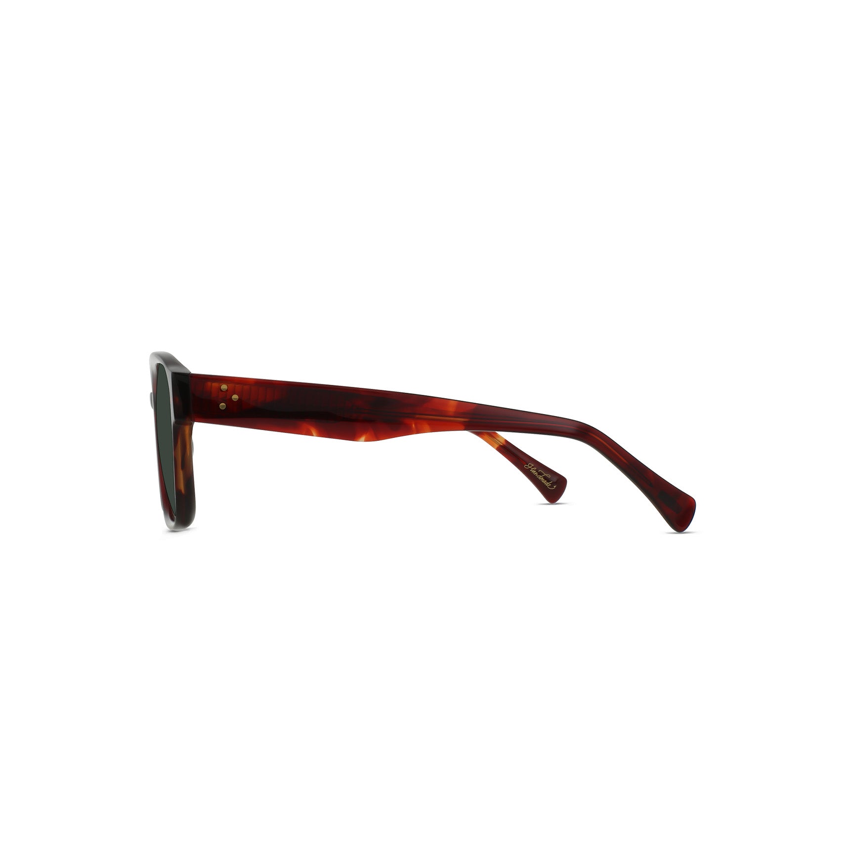 Side view of the Raen Optics Rifka sunglasses in Negroni/Green, featuring a tortoiseshell rectangular frame, thick straight arms, and gold rivet details near the hinges, set against a white background.