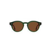 The Raen Optics Zelti sunglasses in Oak/Sedona feature round green frames and brown tinted lenses, displayed on a white background.