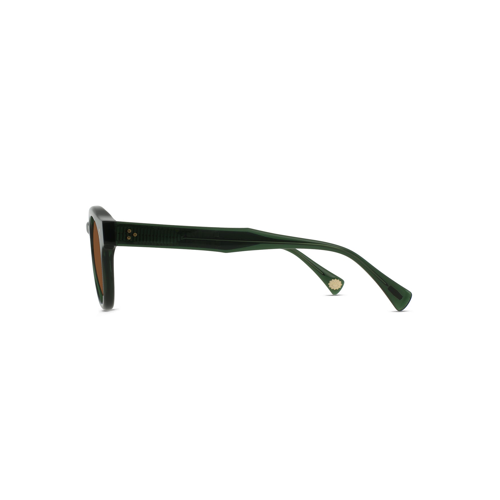 Side view of Raen Optics Zelti eyeglass frames in Oak/Sedona: dark green rectangular design with brown lenses, thick temples, and a small decorative detail near the temple tip.