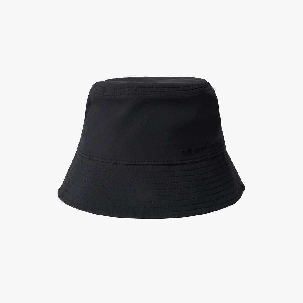 The Rohnisch Bucket Hat, made from recycled polyester in black, showcases subtle stitching and a small logo on the side against a plain white background.