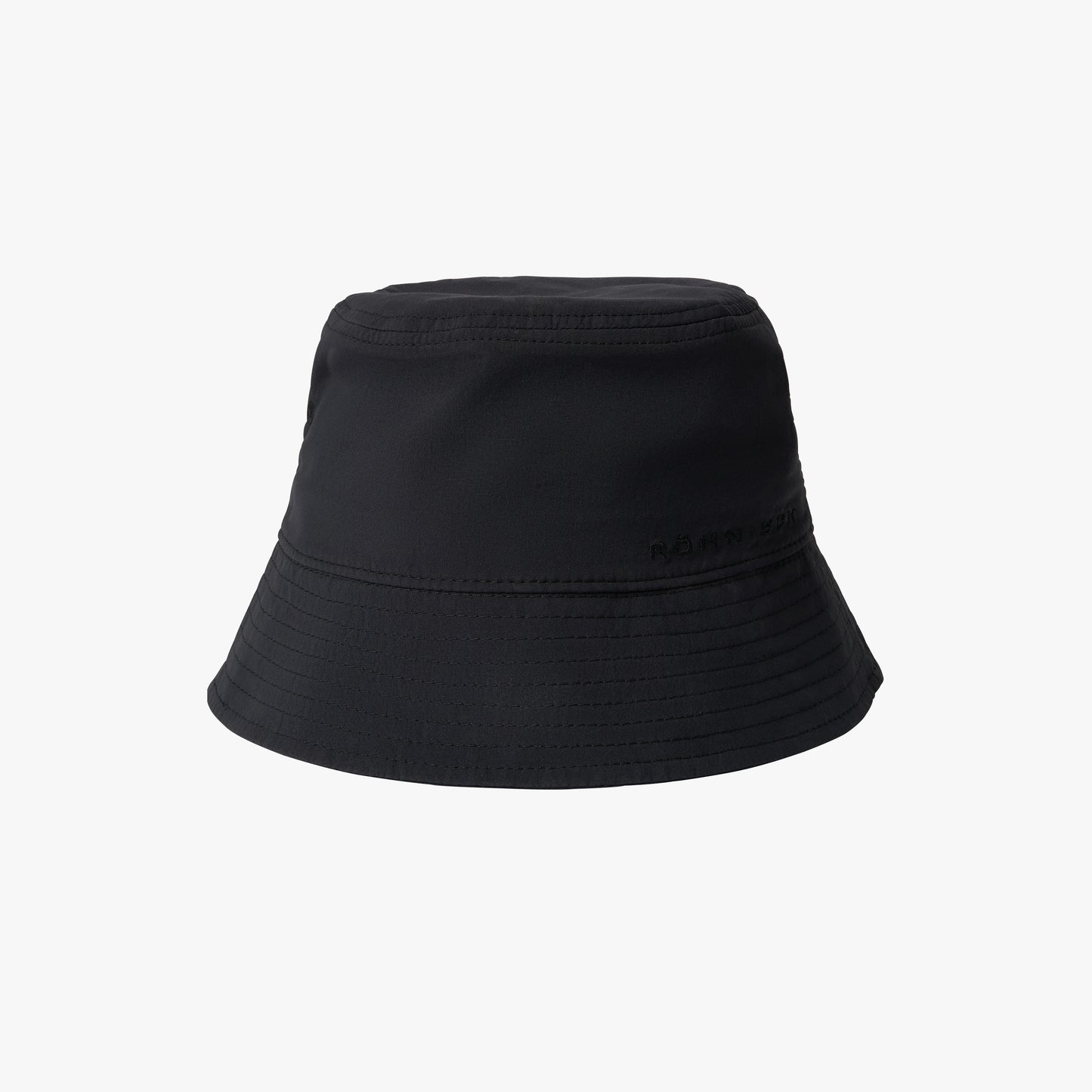 The Rohnisch Bucket Hat, made from recycled polyester in black, showcases subtle stitching and a small logo on the side against a plain white background.