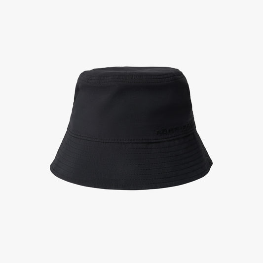 The Rohnisch Bucket Hat, made from recycled polyester in black, showcases subtle stitching and a small logo on the side against a plain white background.