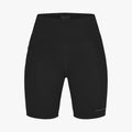 Rohnisch's Flattering High Waist Bike Shorts in black, made with moisture-wicking fabric and featuring side pockets, are pictured on a white background.