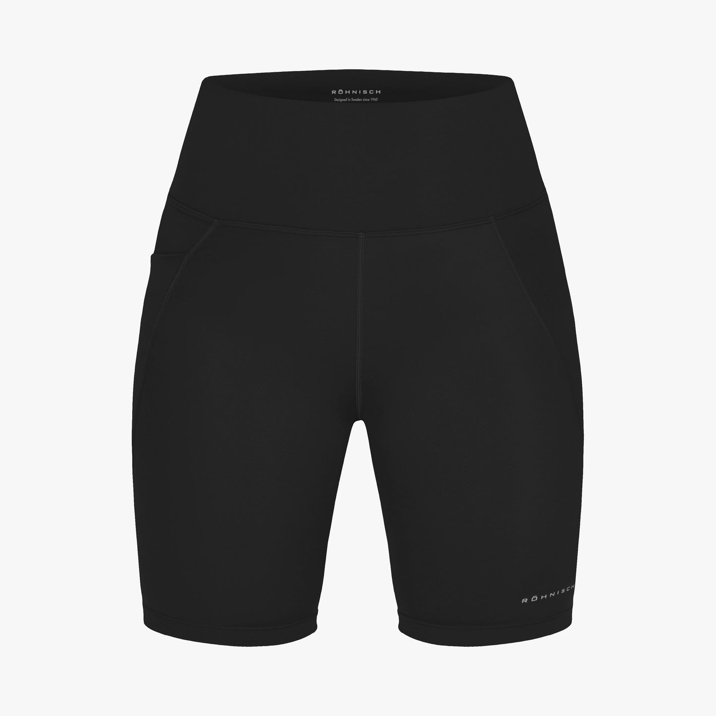 Rohnisch's Flattering High Waist Bike Shorts in black, made with moisture-wicking fabric and featuring side pockets, are pictured on a white background.